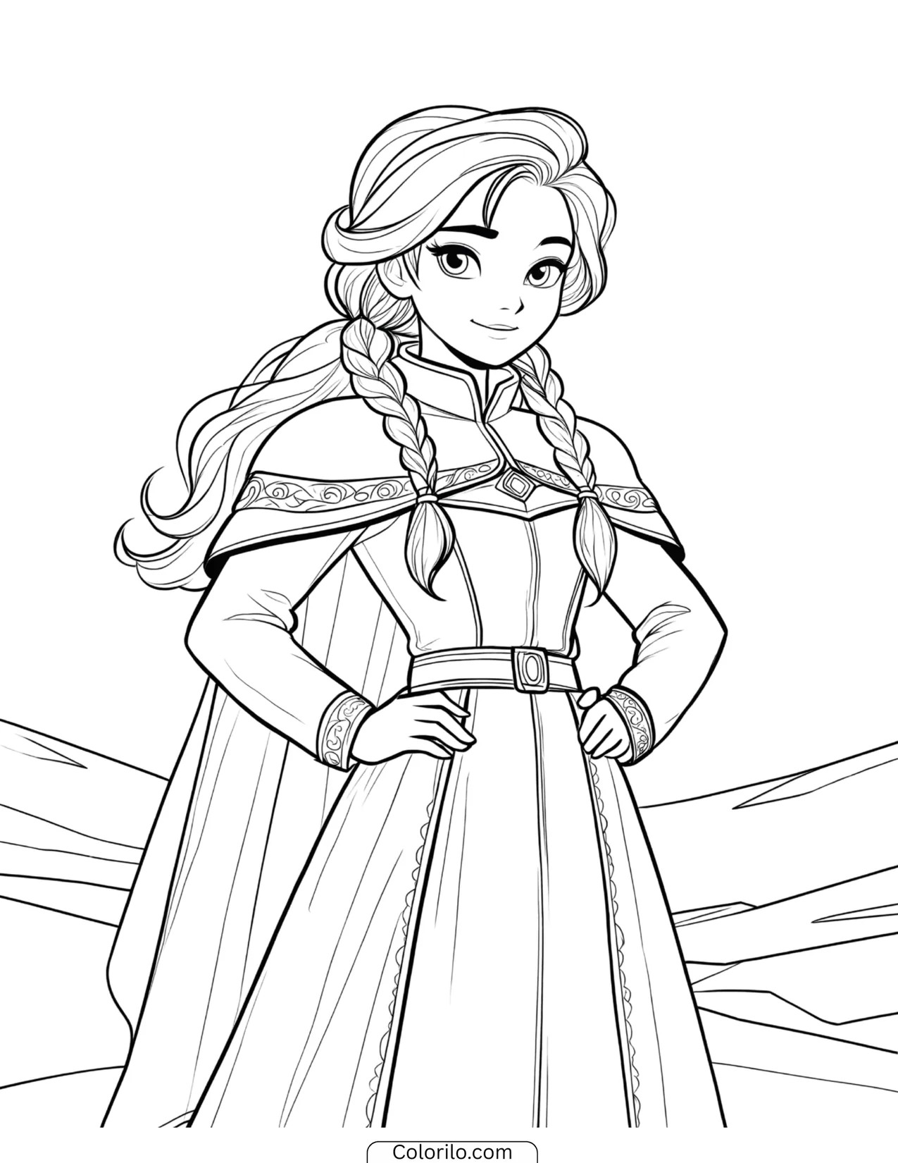Young Elsa standing confidently in braids and a cape coloring page