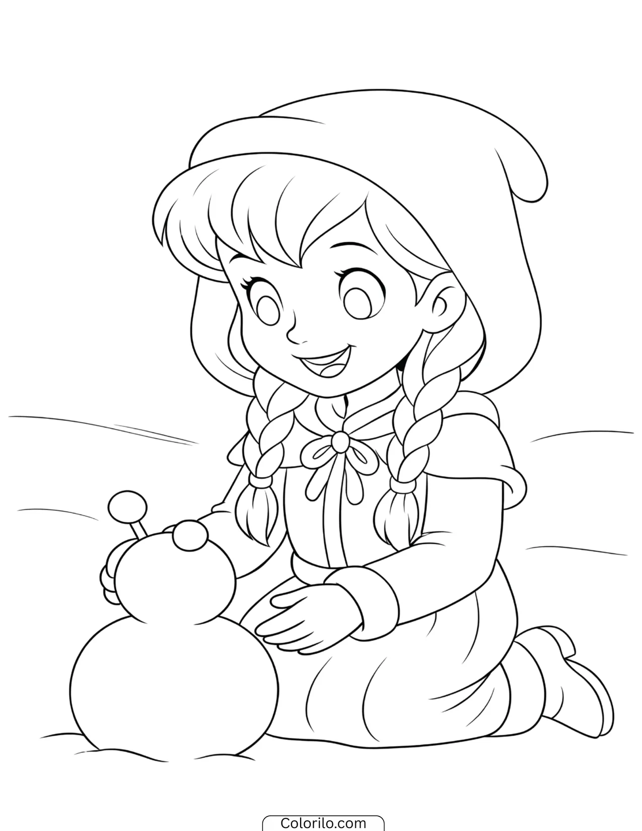 Young Elsa building a small snowman in the snow coloring page