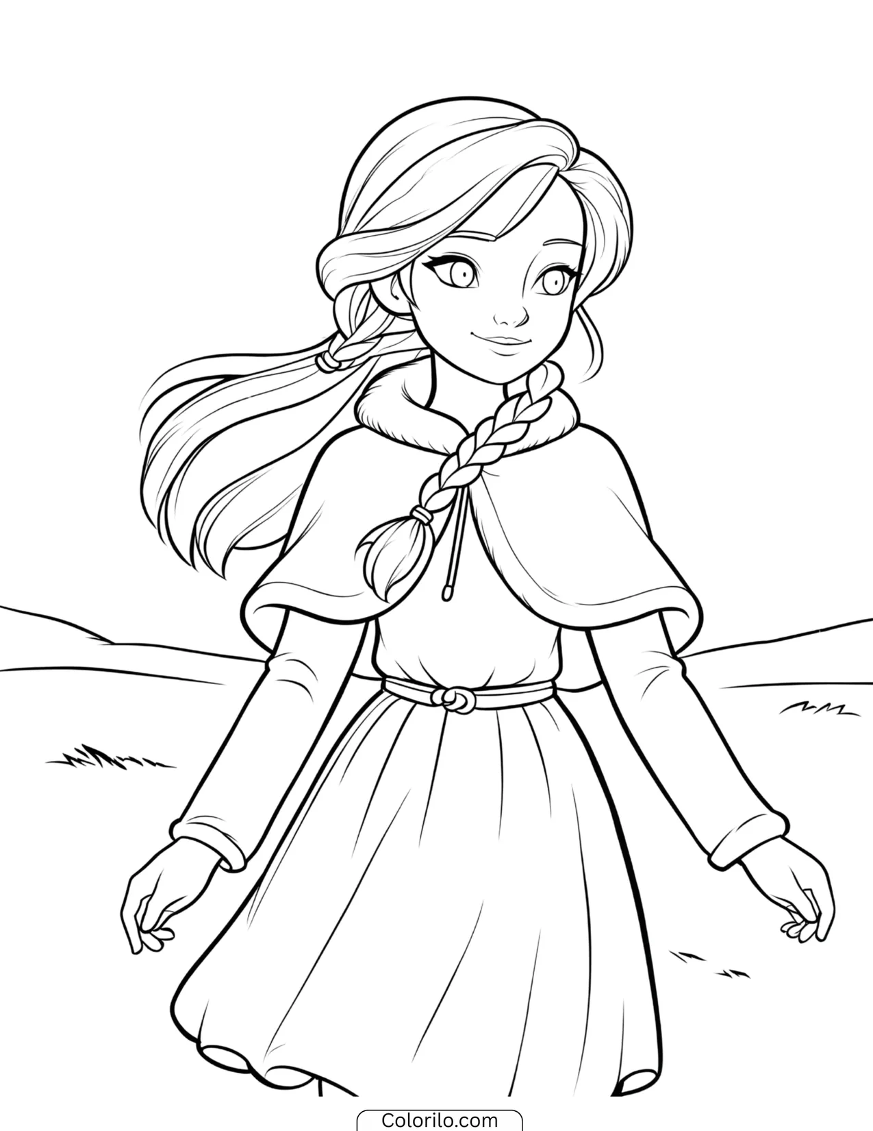 Young Elsa walking in a cape across a snowy field coloring page