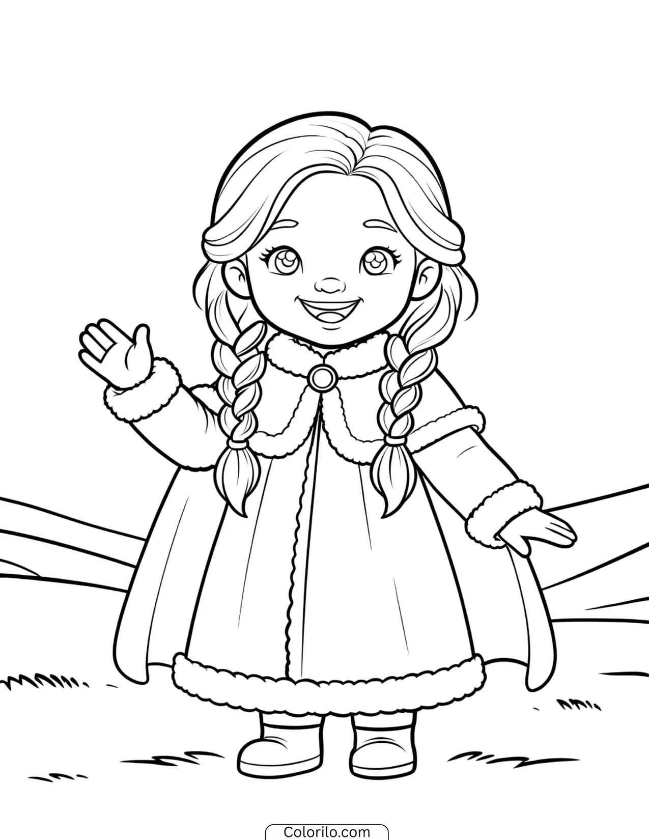 Young Elsa waving in a cozy fur-trimmed cape coloring page