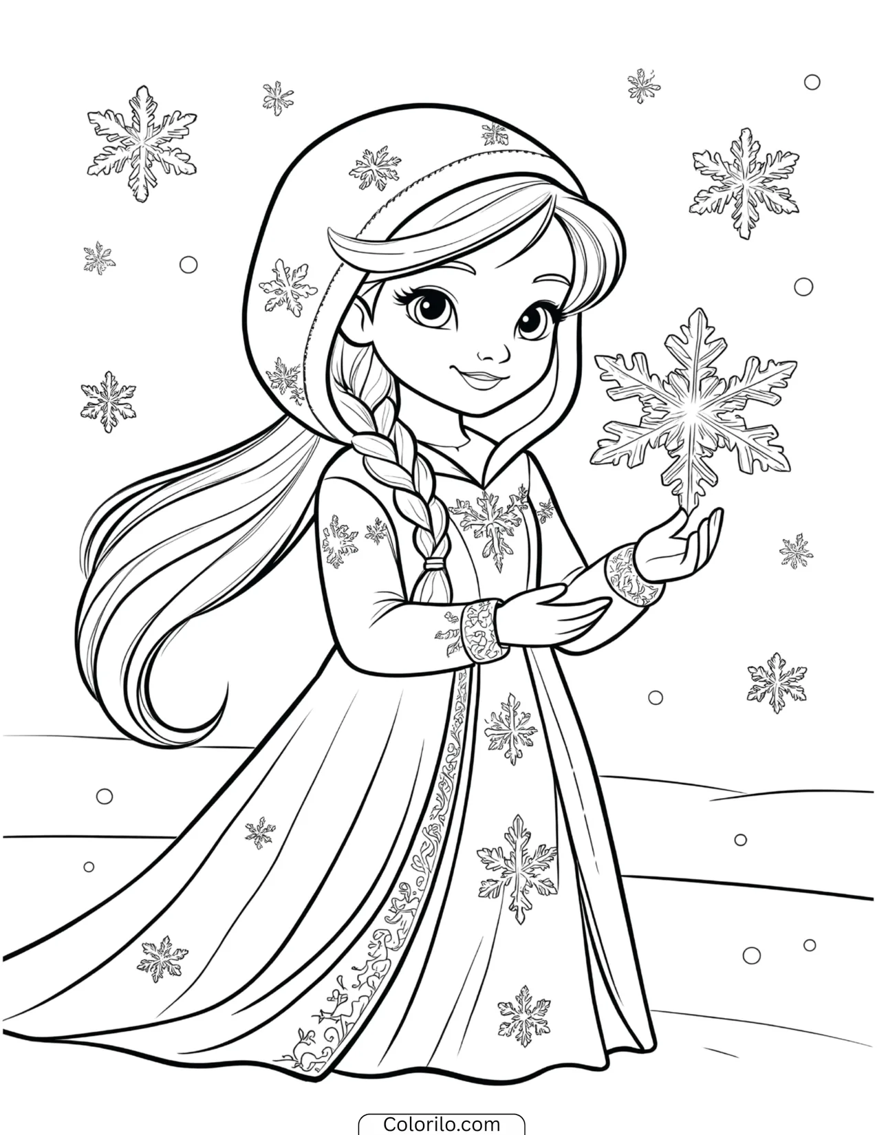 Young Elsa holding a large glittering snowflake coloring page