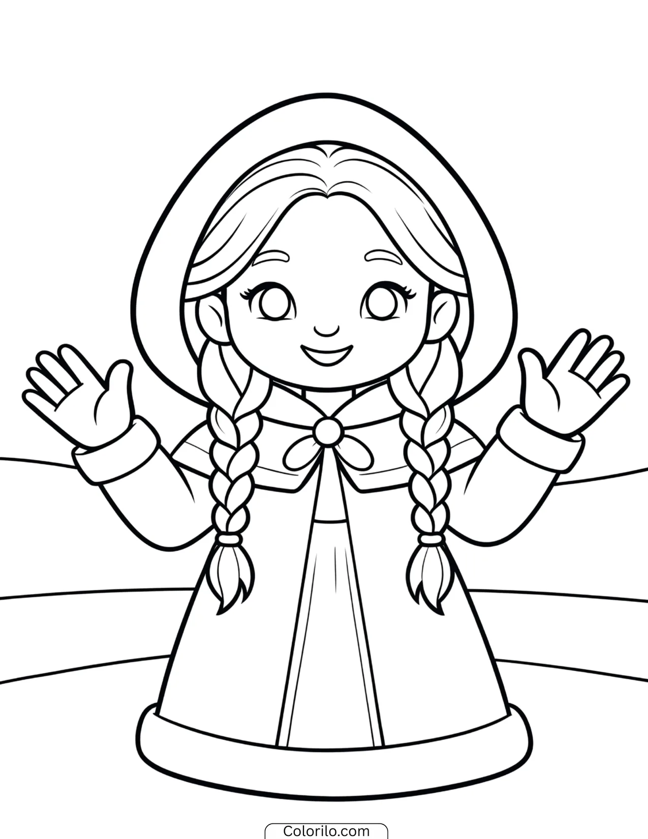 Young Elsa raising her arms in a hooded winter cape coloring page