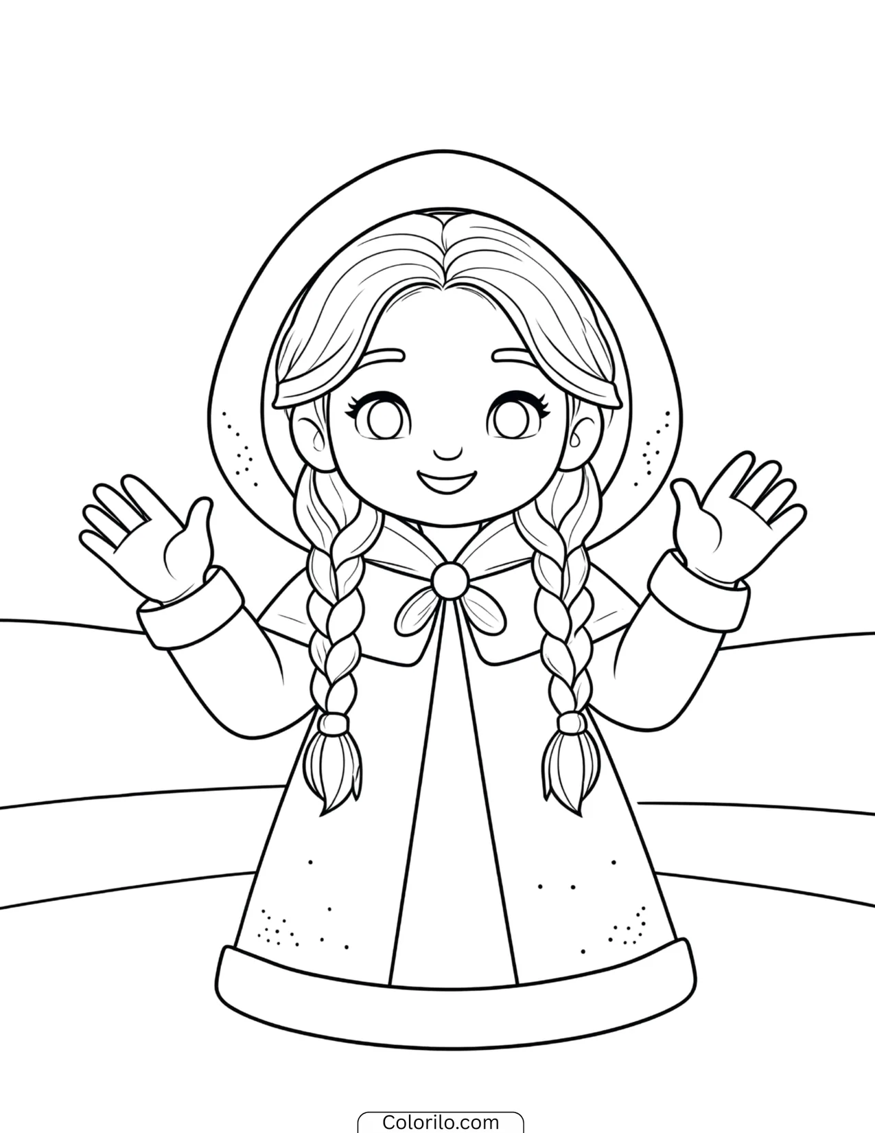 Young Elsa waving both hands hello in a hooded cape coloring page