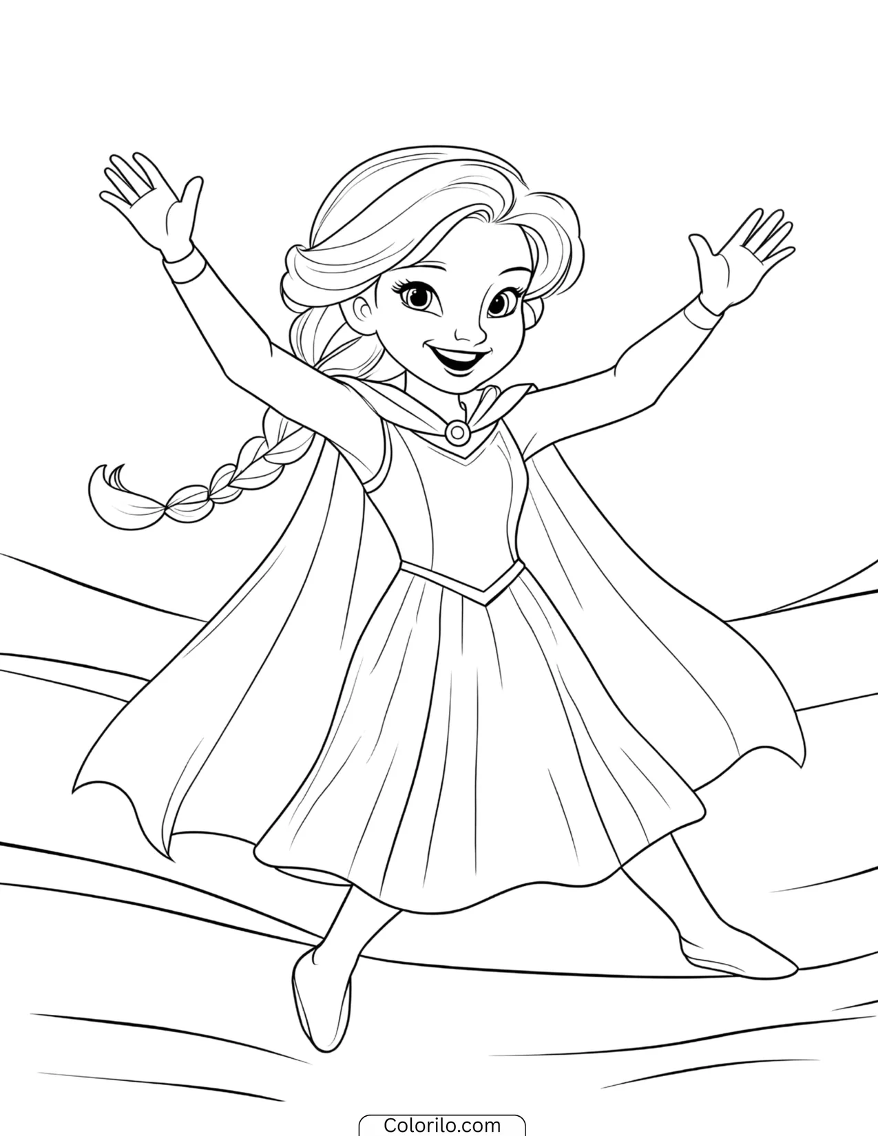 Young Elsa jumping joyfully with her cape flowing coloring page