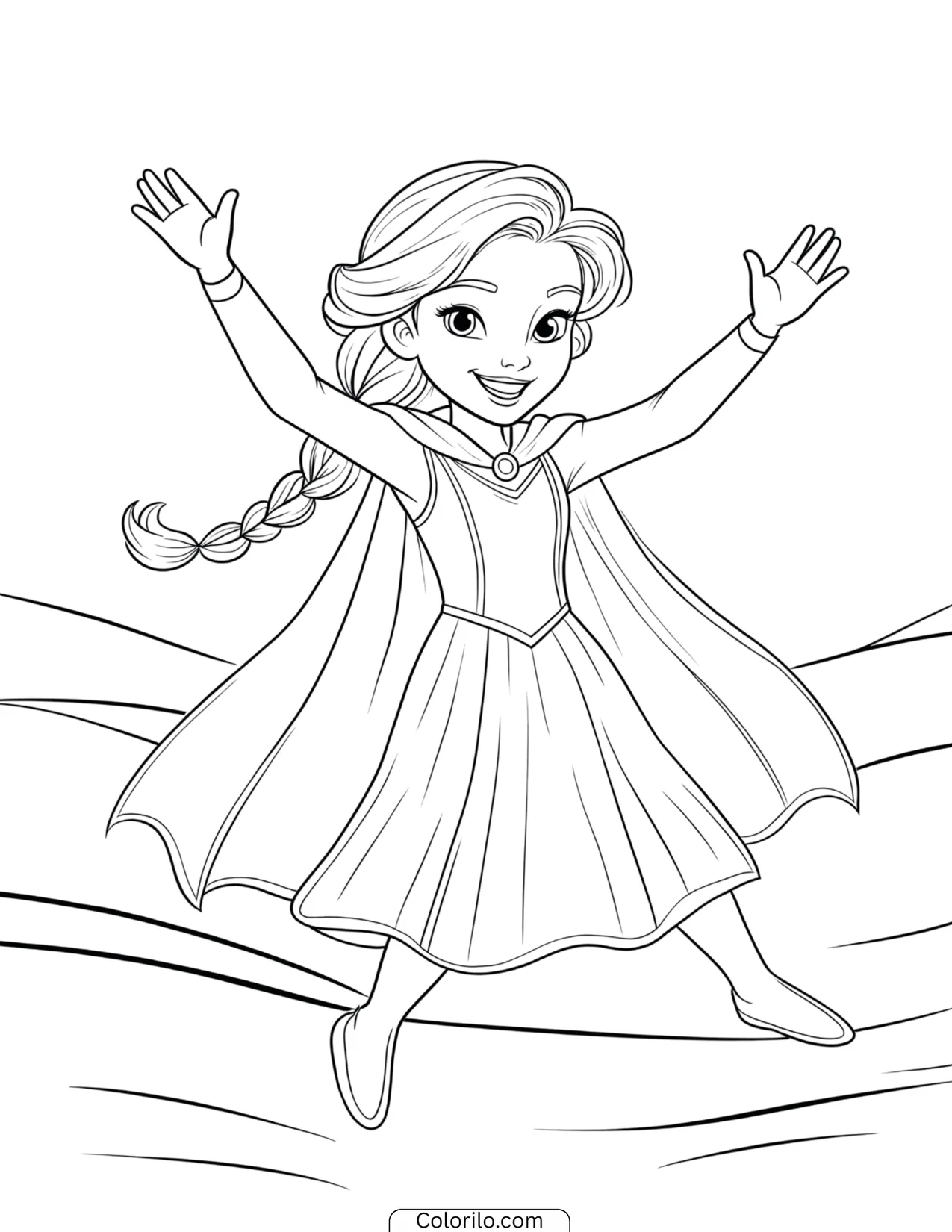 Young Elsa leaping joyfully with arms raised coloring page