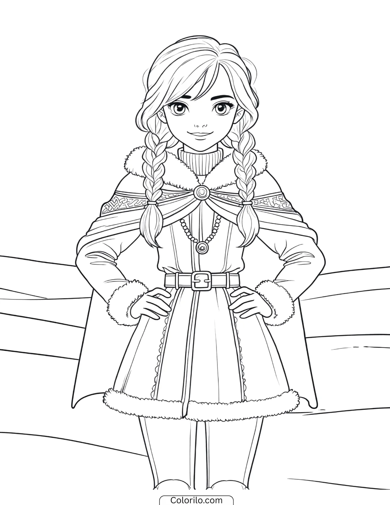 Young Elsa standing confidently in a cape and necklace coloring page
