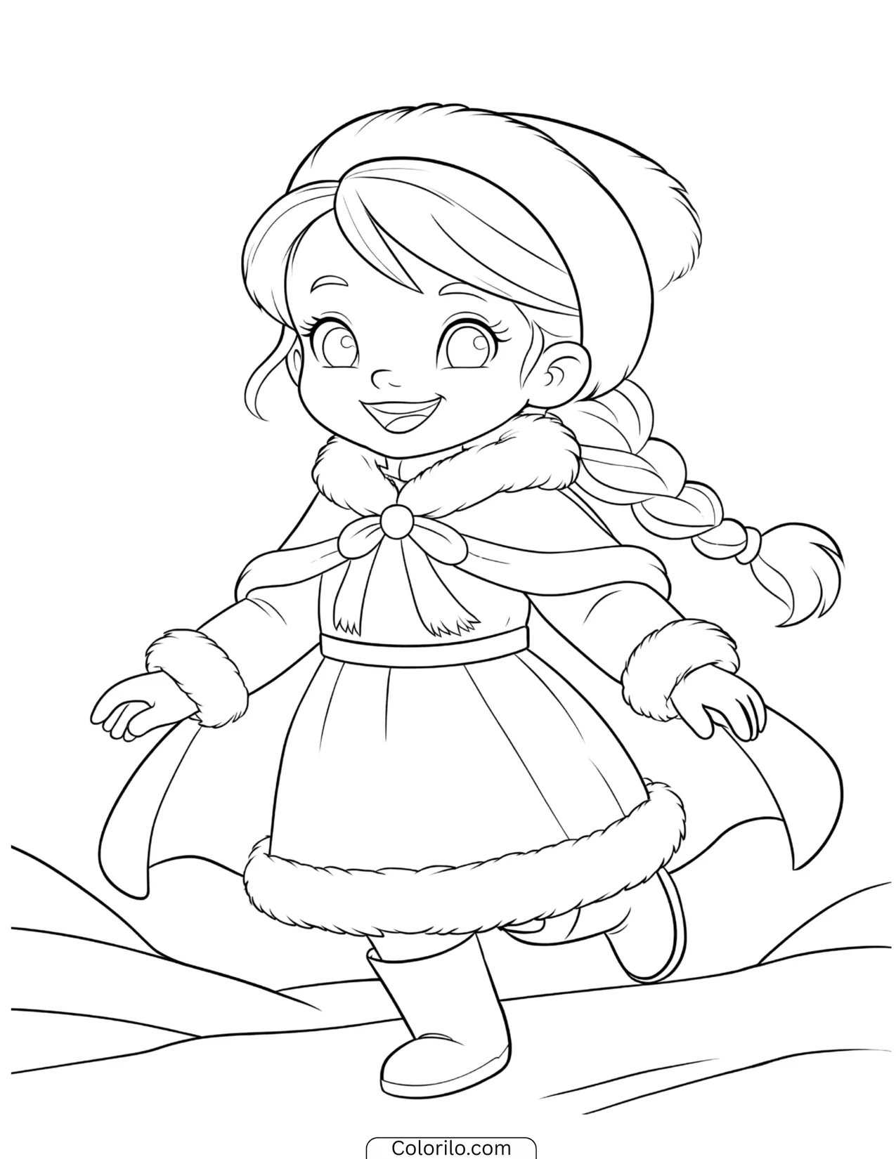 Young Elsa running happily in a winter hat coloring page