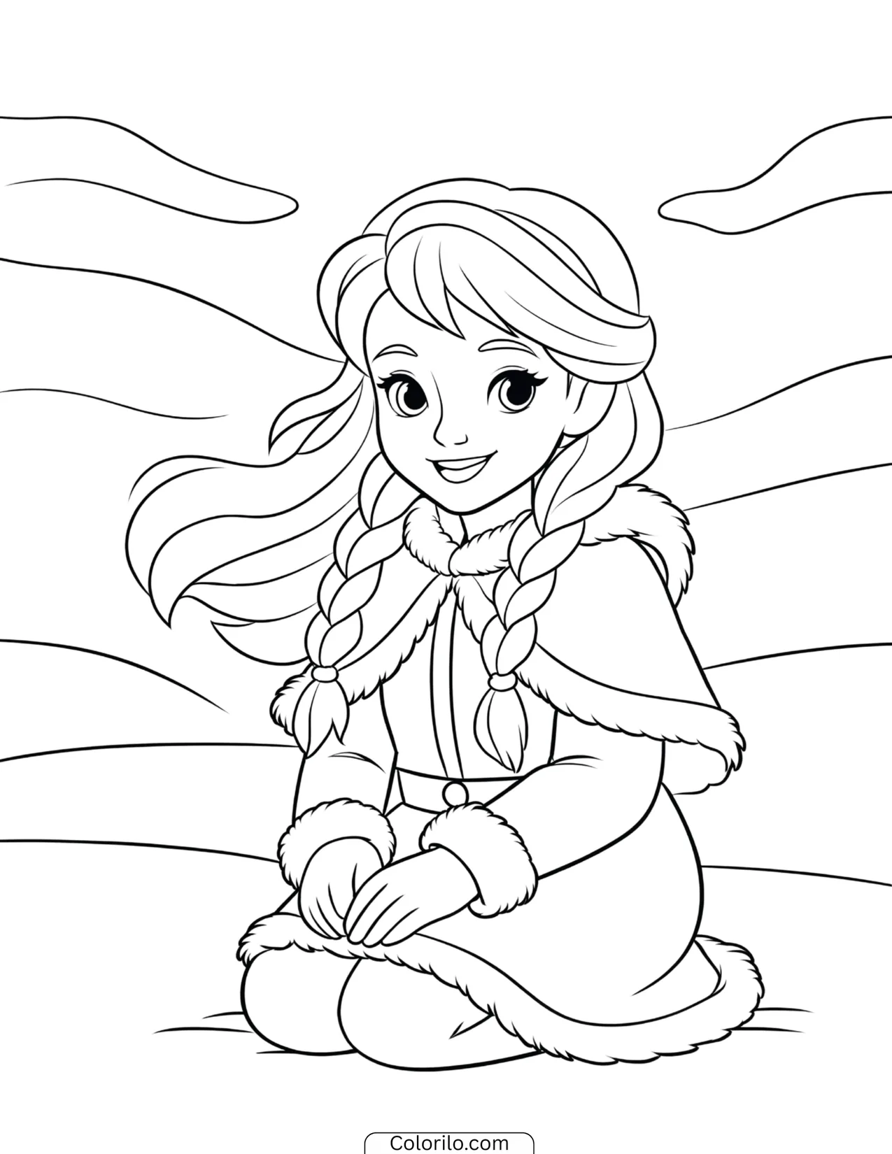 Young Elsa sitting peacefully in a fur-trimmed cape coloring page