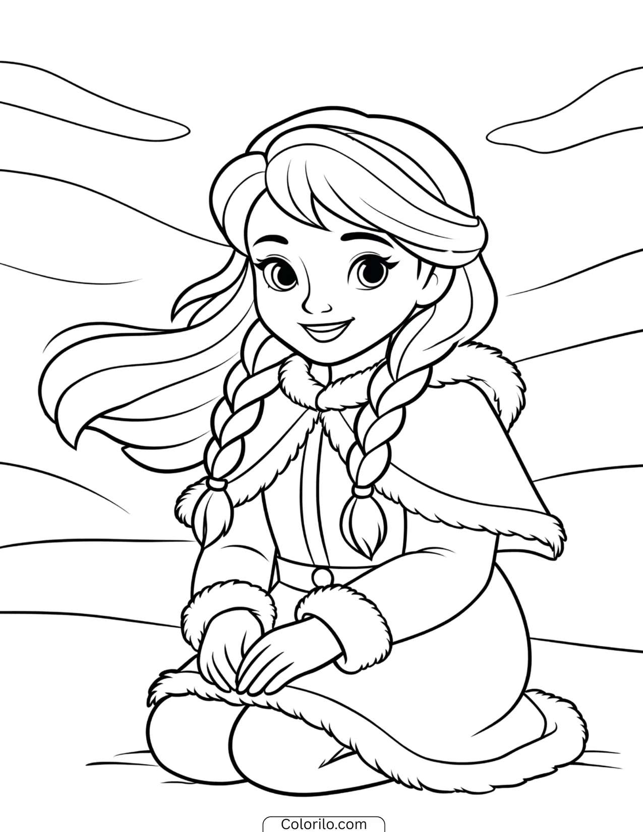 Young Elsa sitting and smiling in the snow coloring page