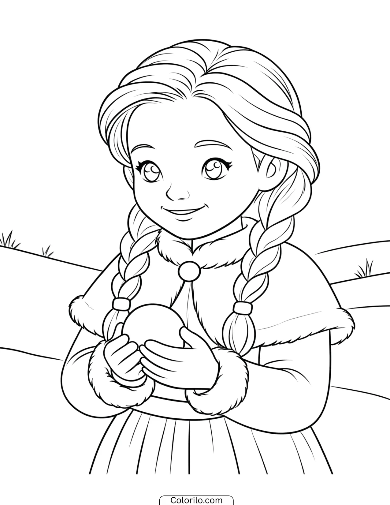 Young Elsa smiling while holding a snowball close-up coloring page
