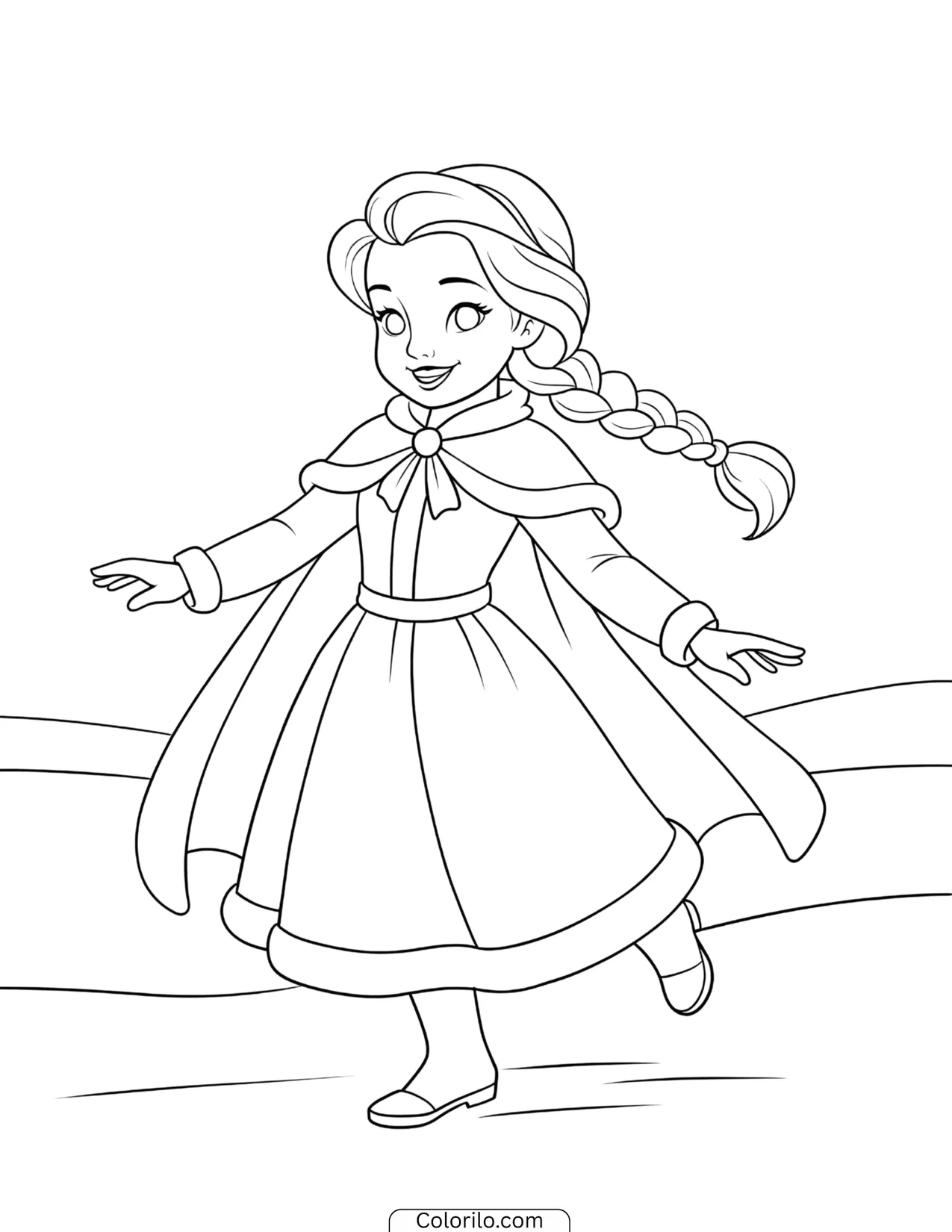 Young Elsa twirling happily in her dress coloring page