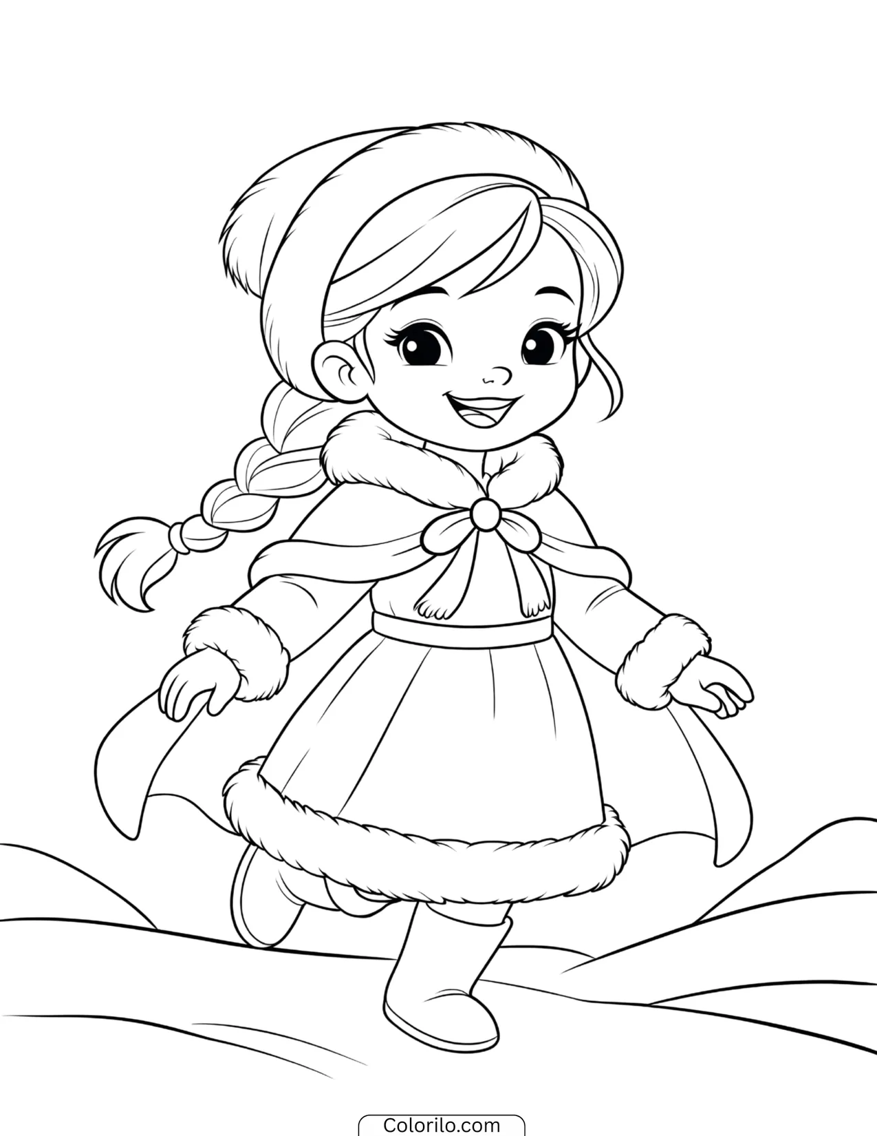 Young Elsa walking happily in a warm winter coat coloring page