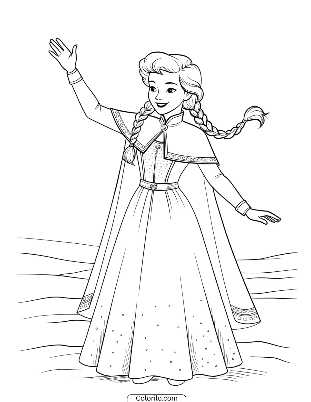 Young Elsa smiling and waving in her cape coloring page