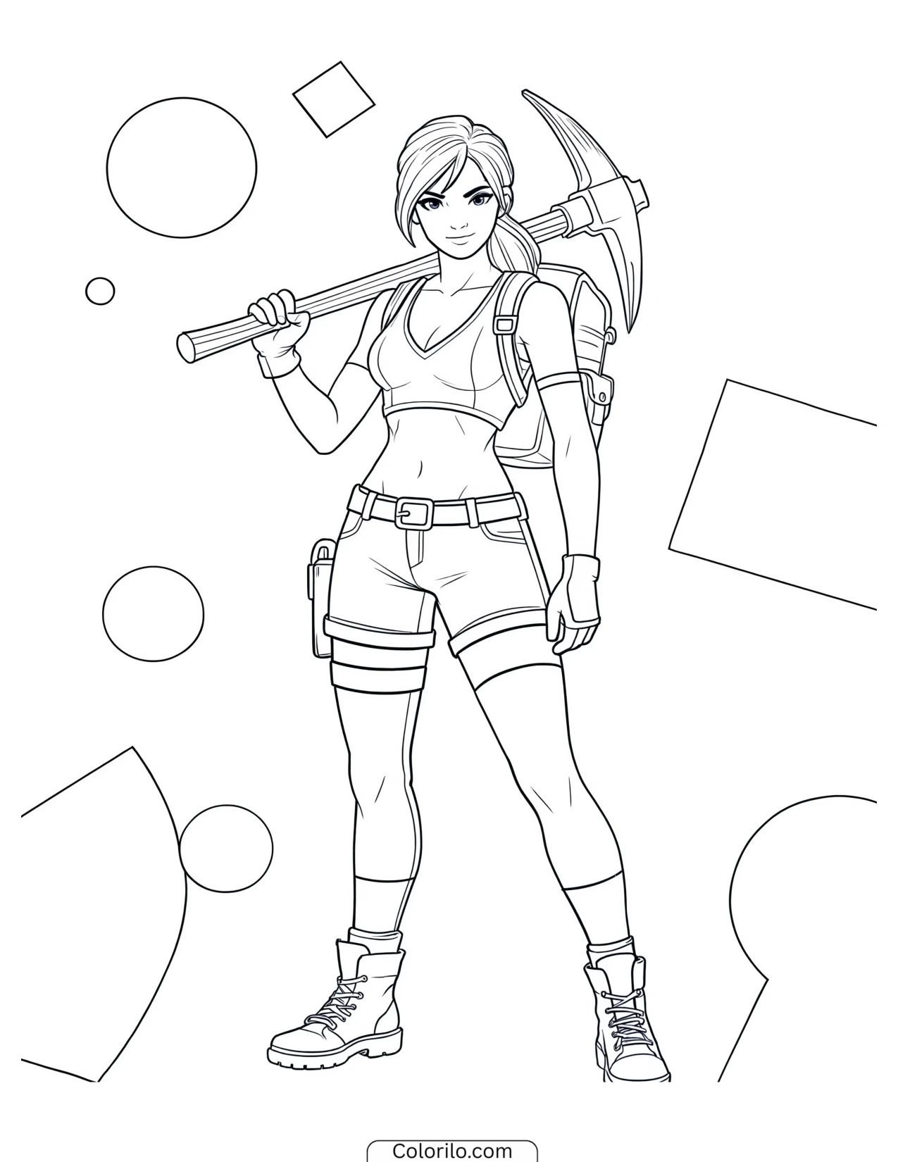Female character holding a pickaxe coloring page