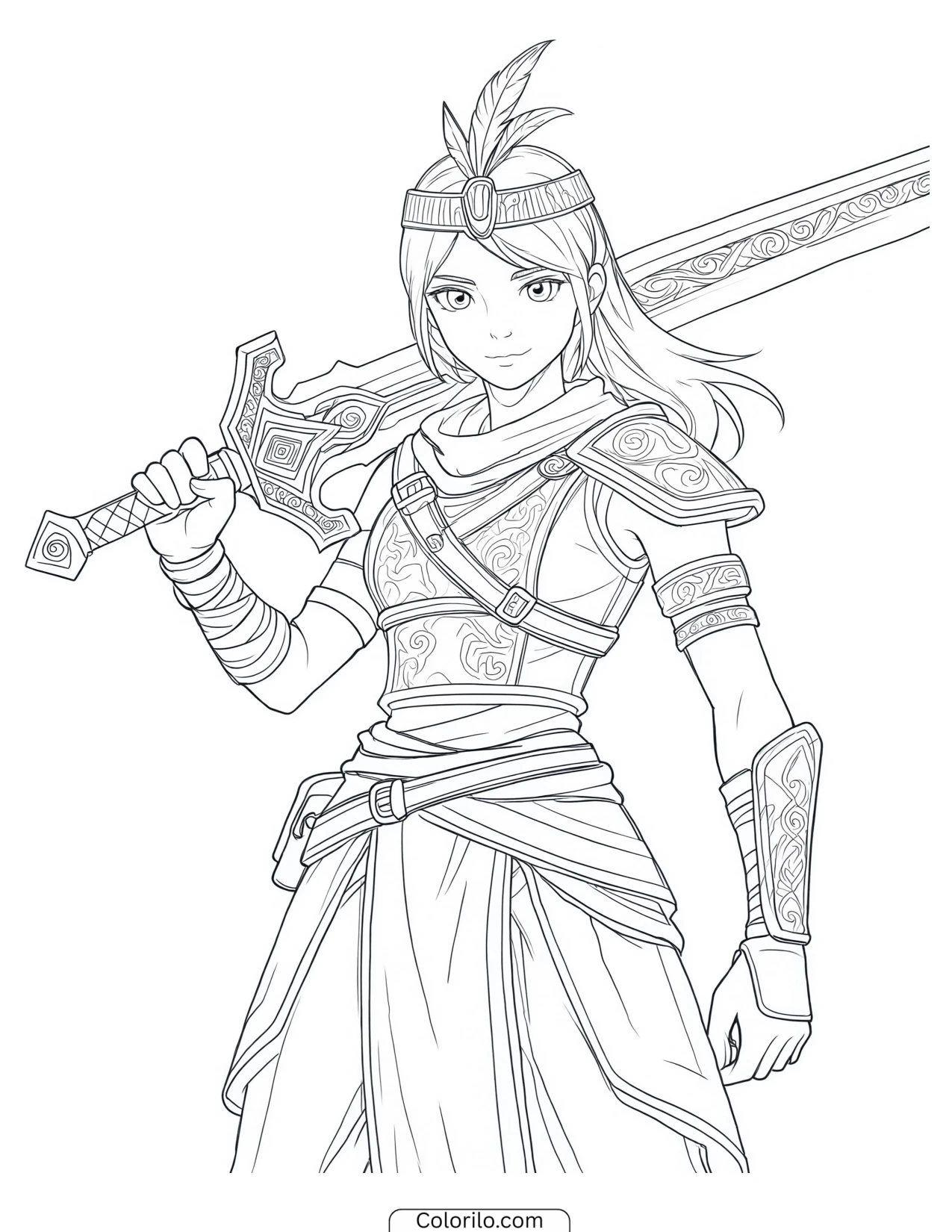 Female warrior holding a large sword coloring page