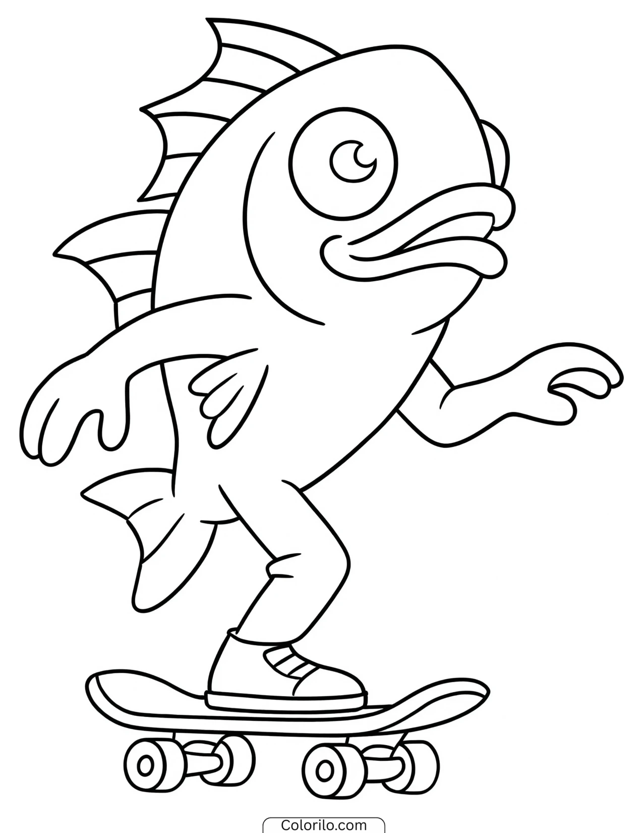 Fish character riding a skateboard coloring page