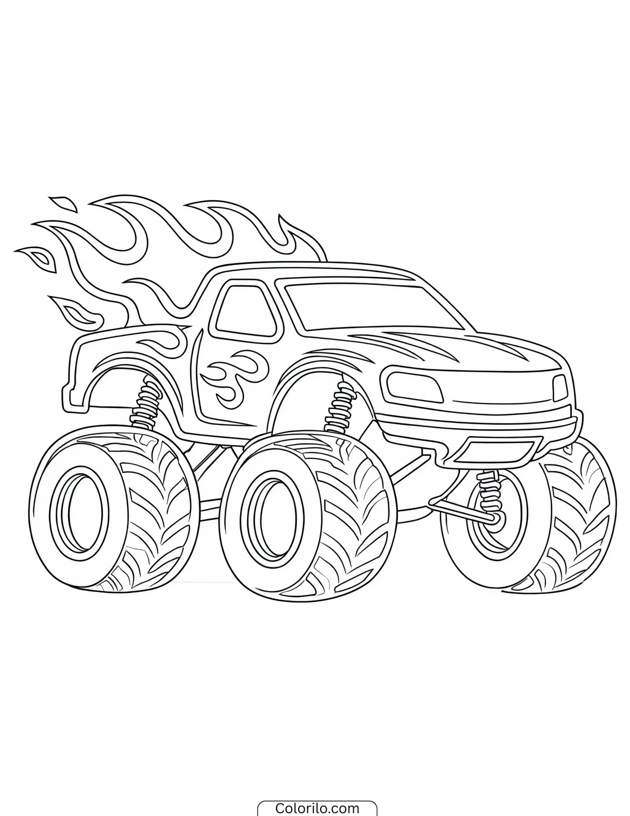 Monster truck trailing flames behind it coloring page