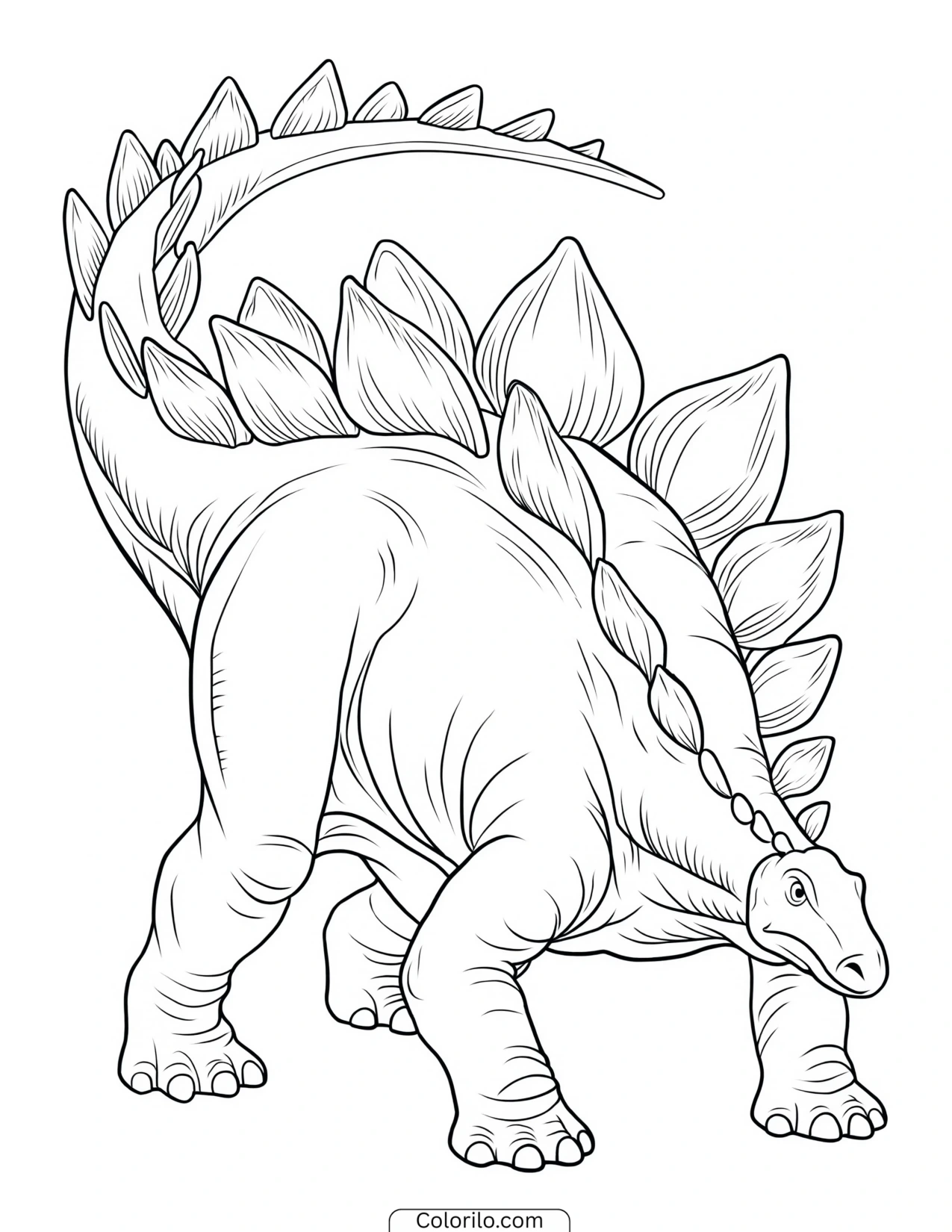 Stegosaurus foraging with its head lowered to the ground coloring page