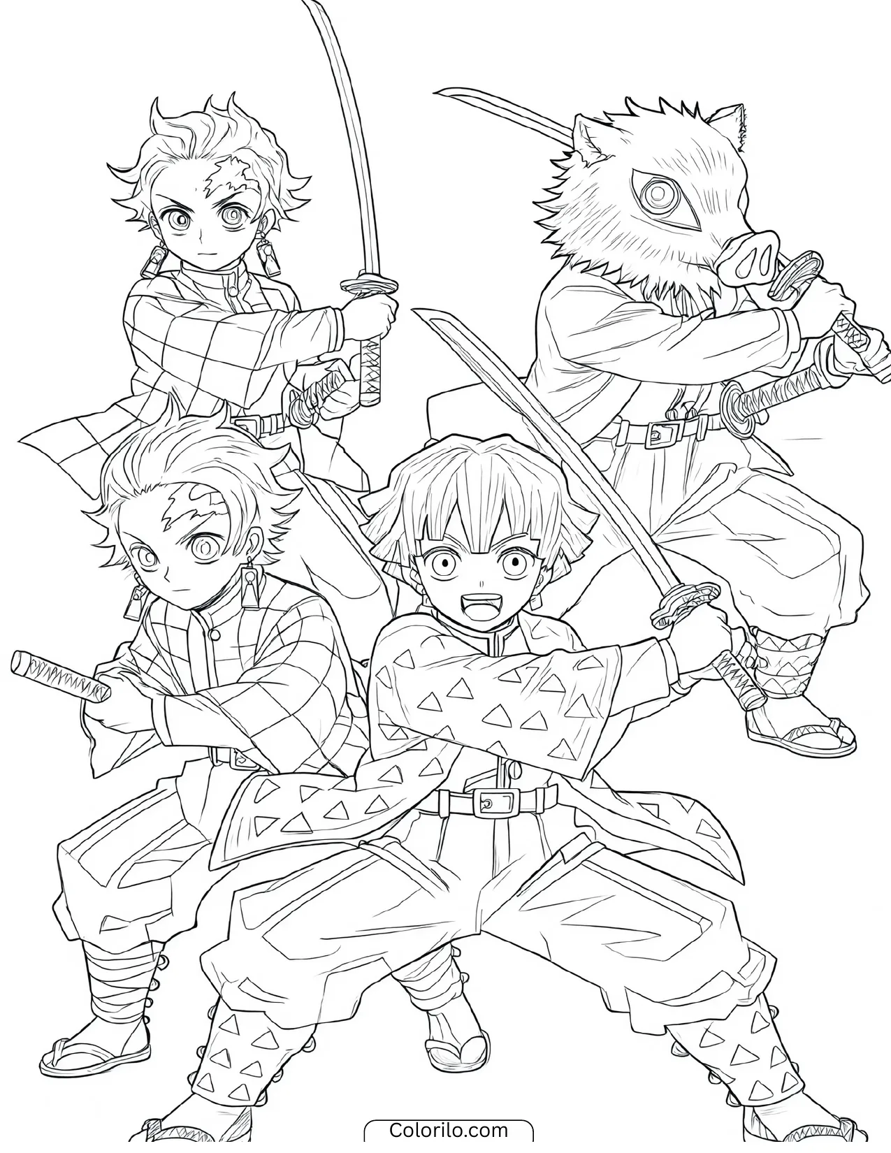 Four demon slayers in dynamic battle poses coloring page