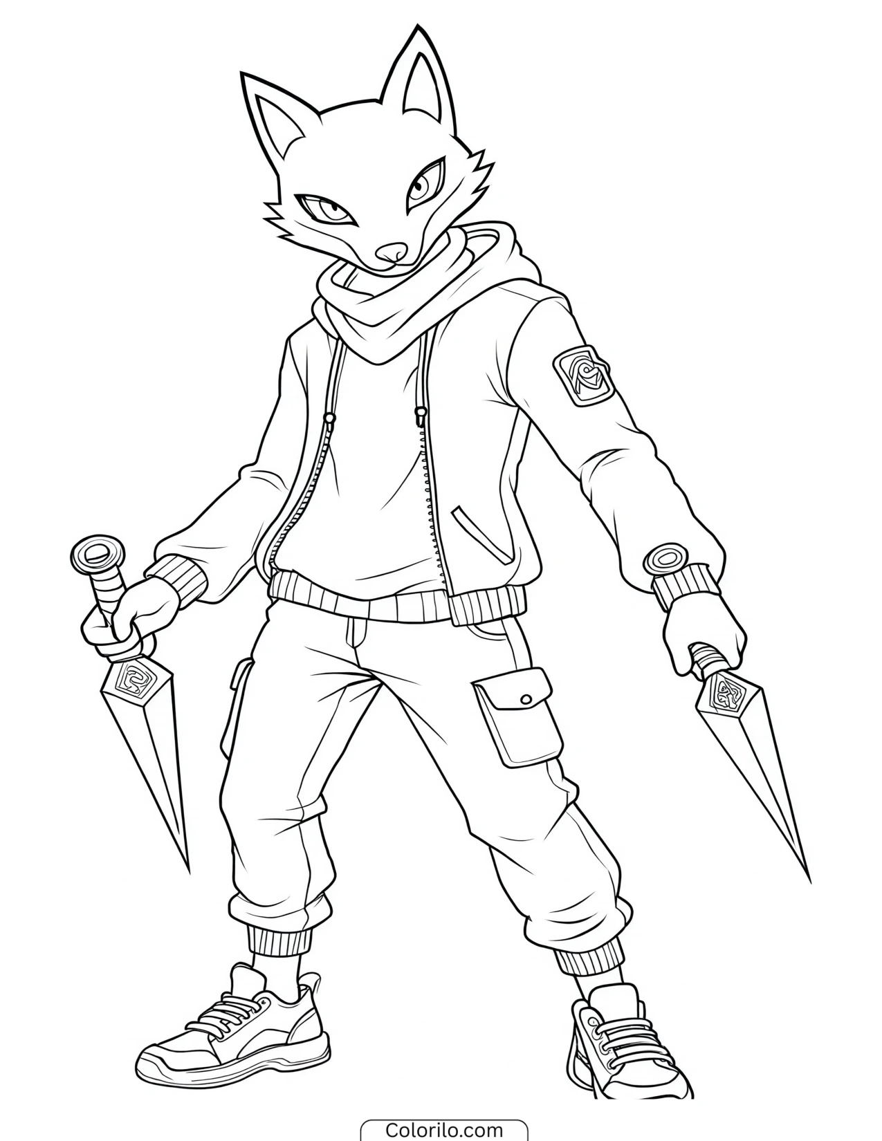 Fox character holding a kunai blade coloring page