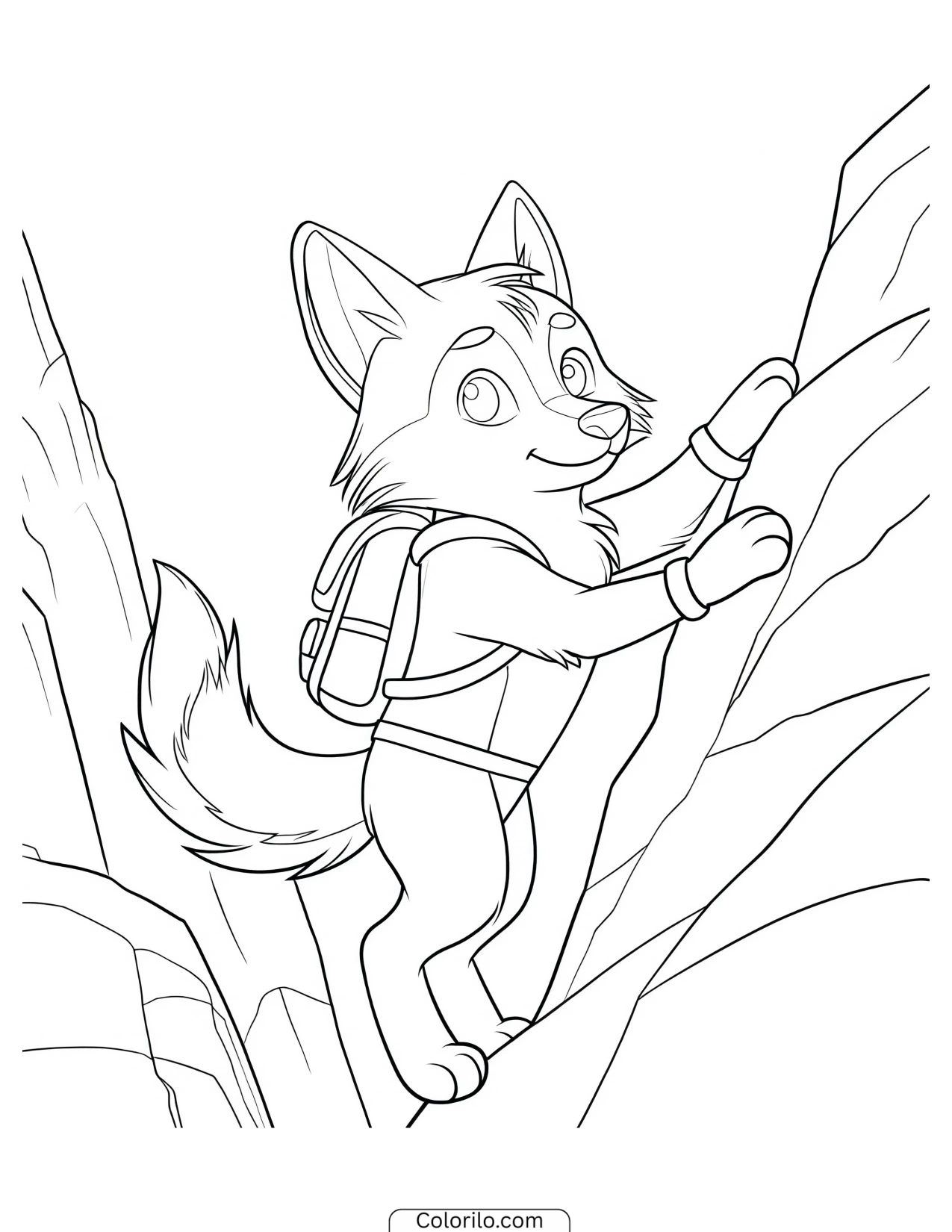Fox cub climbing a rocky cliff coloring page