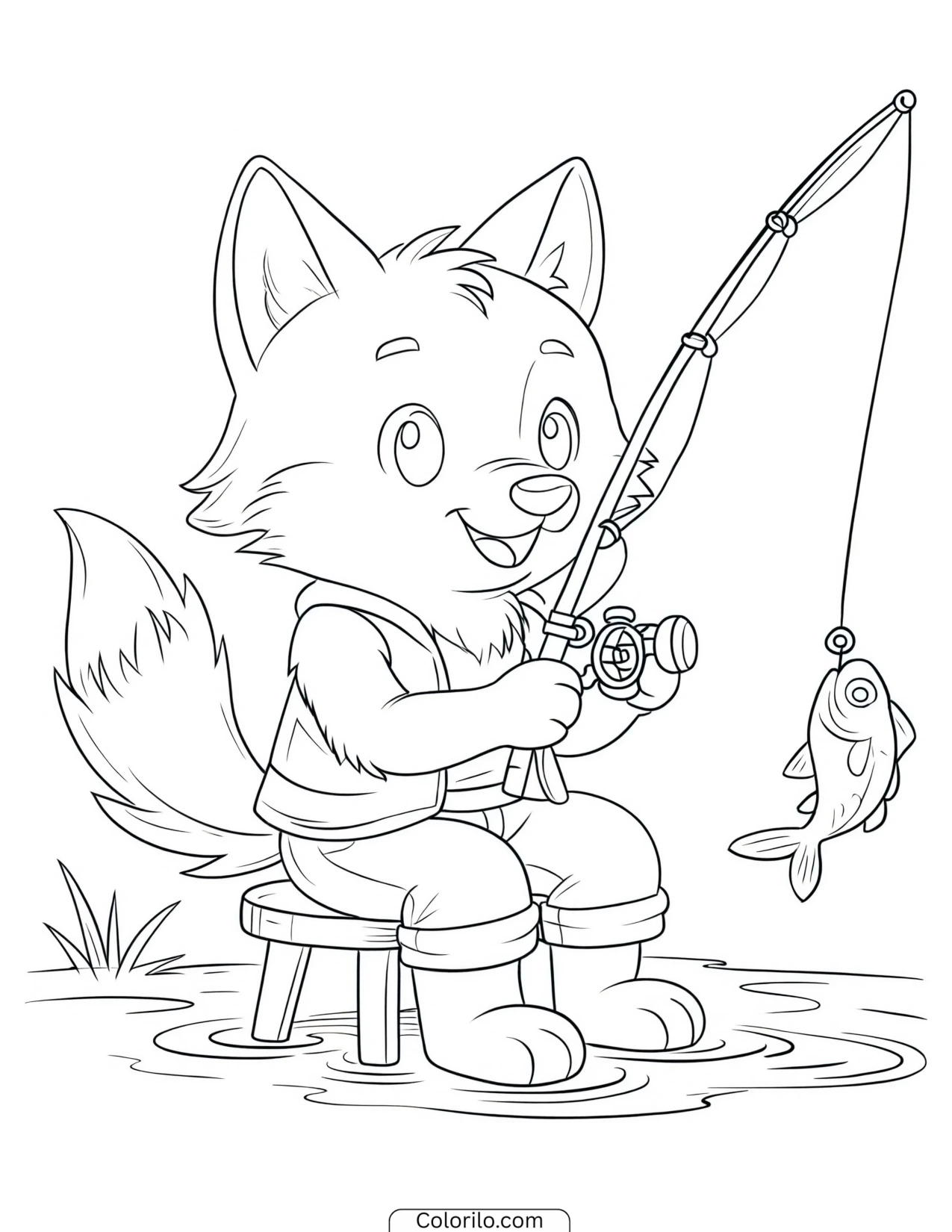 Fox fishing while perched on a stool coloring page