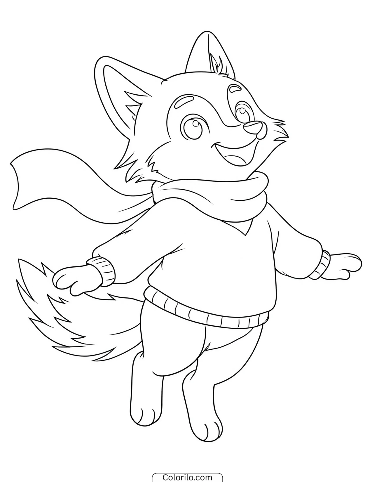 Fox leaping while wearing a scarf coloring page