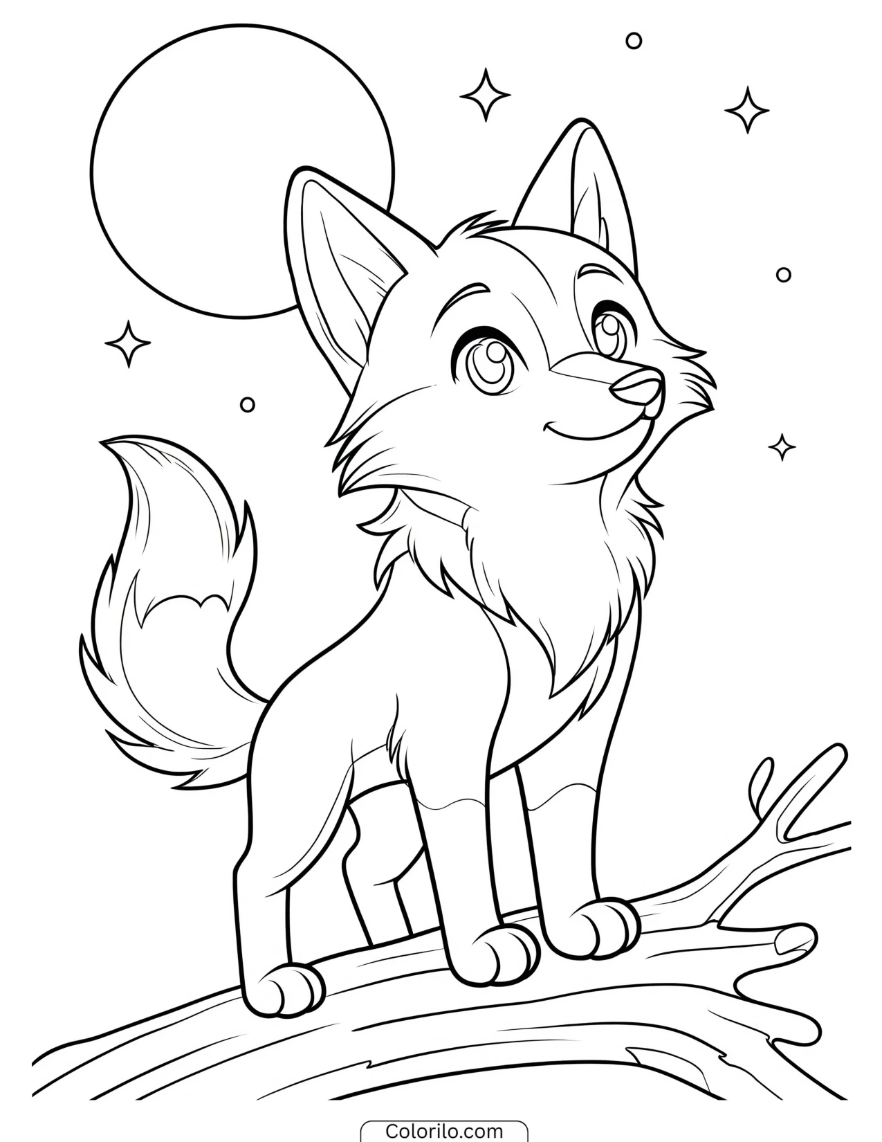 Fox pup sitting on a branch at night coloring page