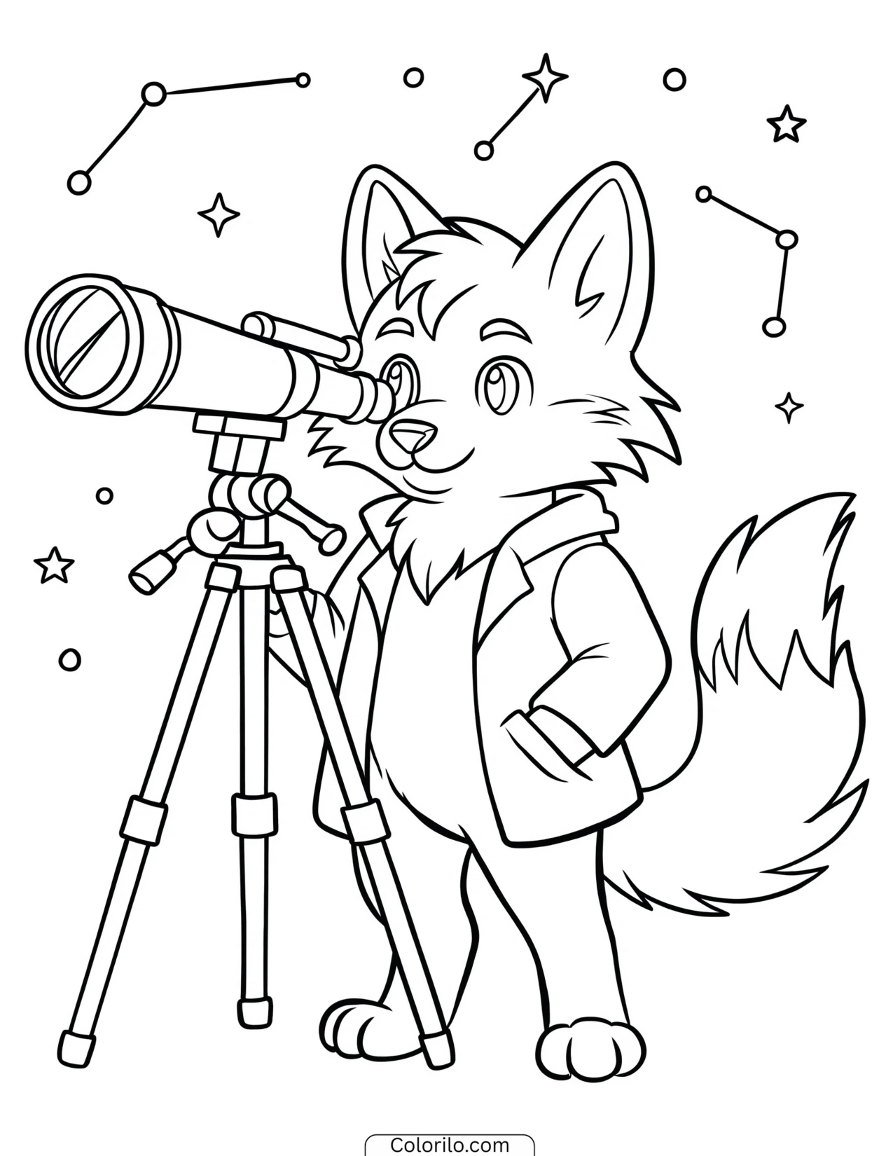 Fox looking through a telescope at the stars coloring page