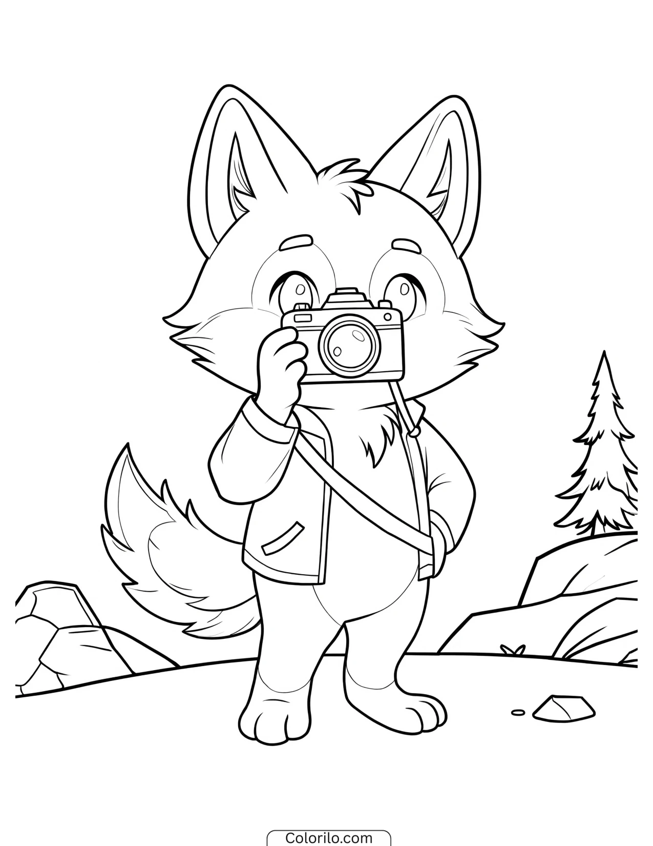 Fox taking a photograph coloring page
