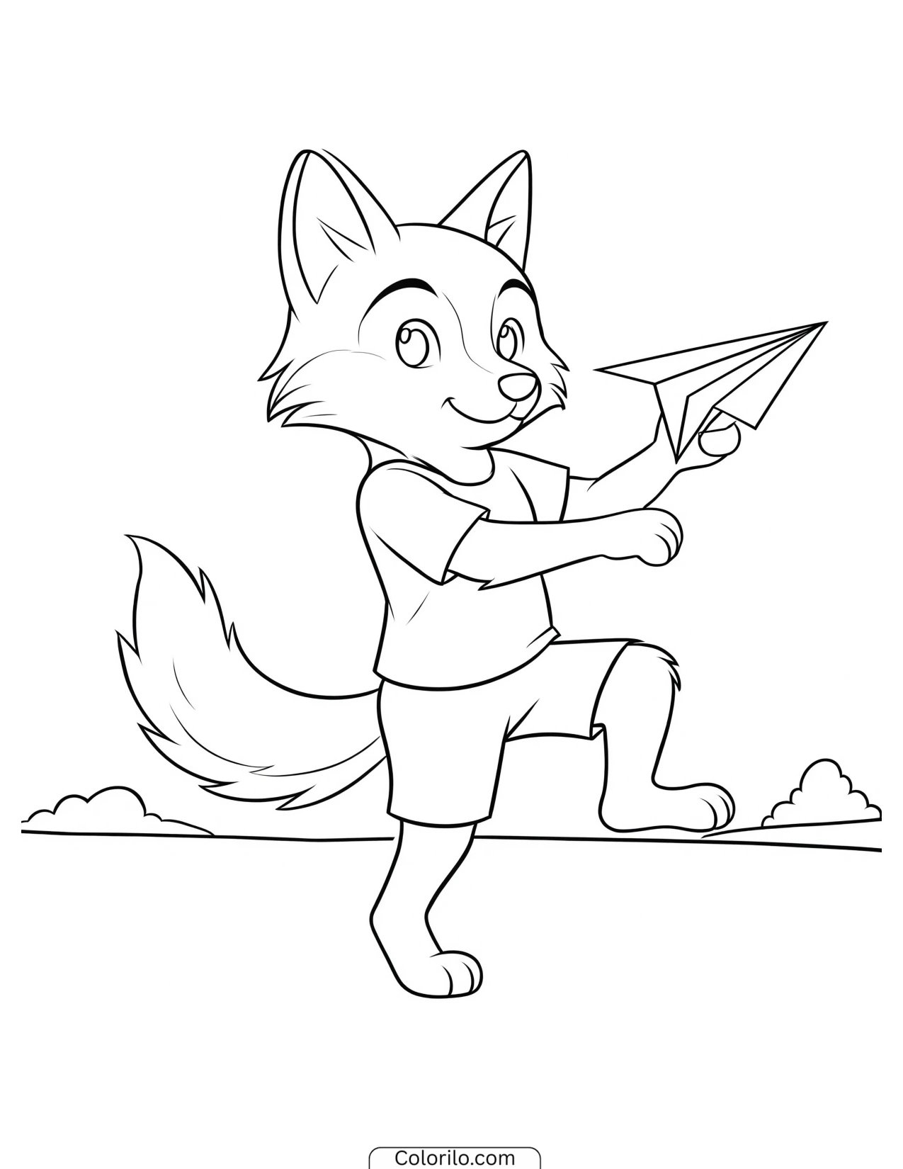 Fox throwing a paper airplane coloring page