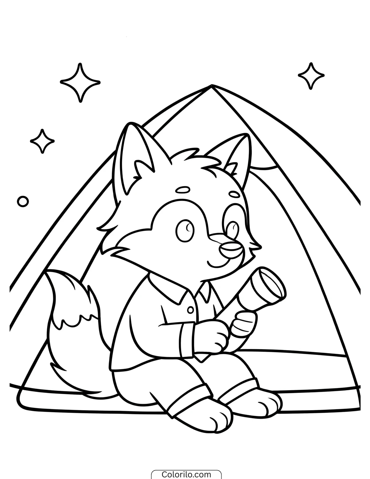 Fox with a flashlight inside a tent coloring page