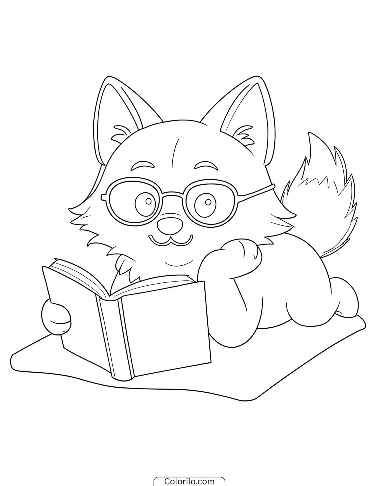 Fox in glasses reading a book coloring page
