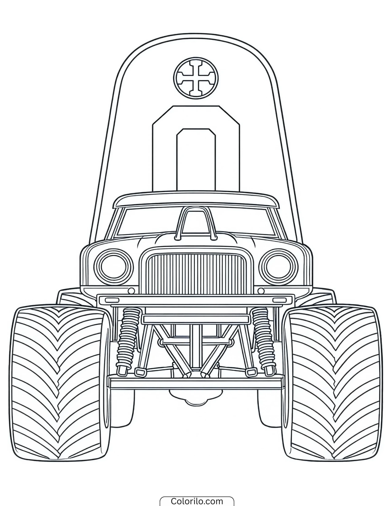 Front view of a monster truck with a crest on the grille coloring page