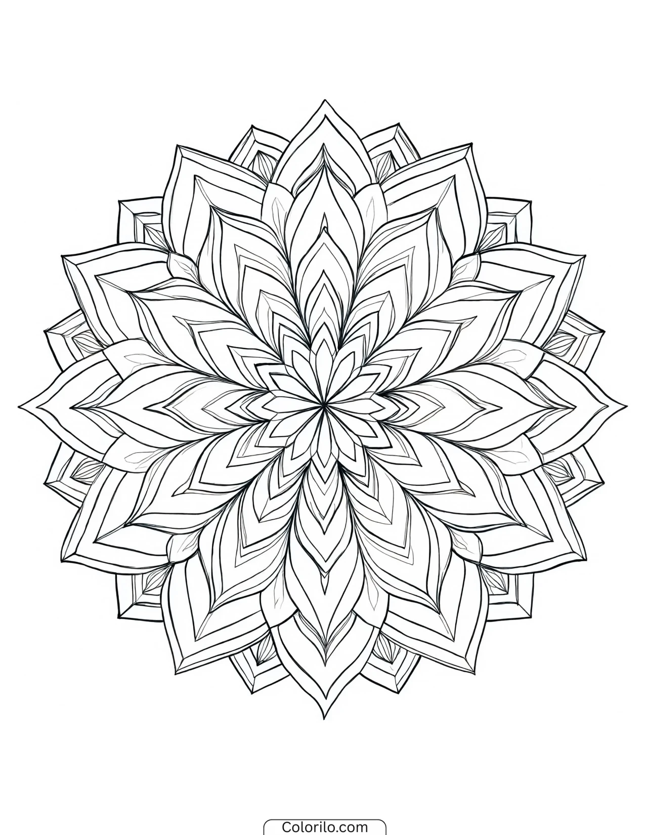 Geometric mandala with layered angular petals coloring page