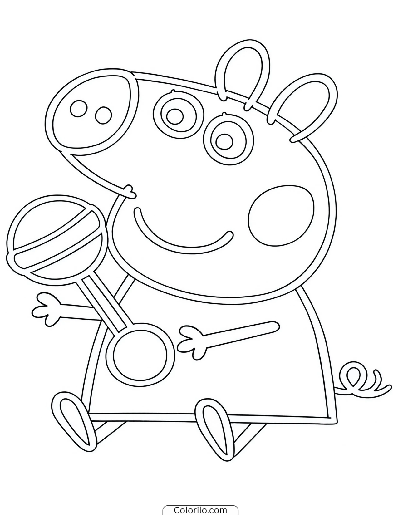 George sitting down holding a rattle coloring page