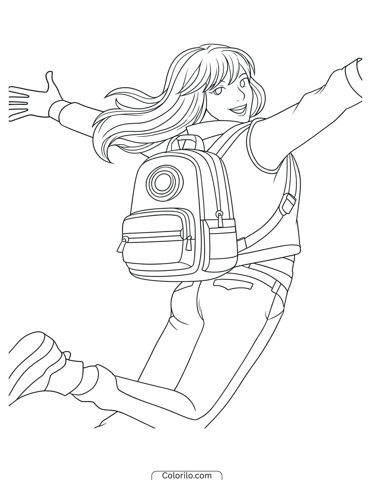 Character jumping while wearing a rainbow backpack coloring page