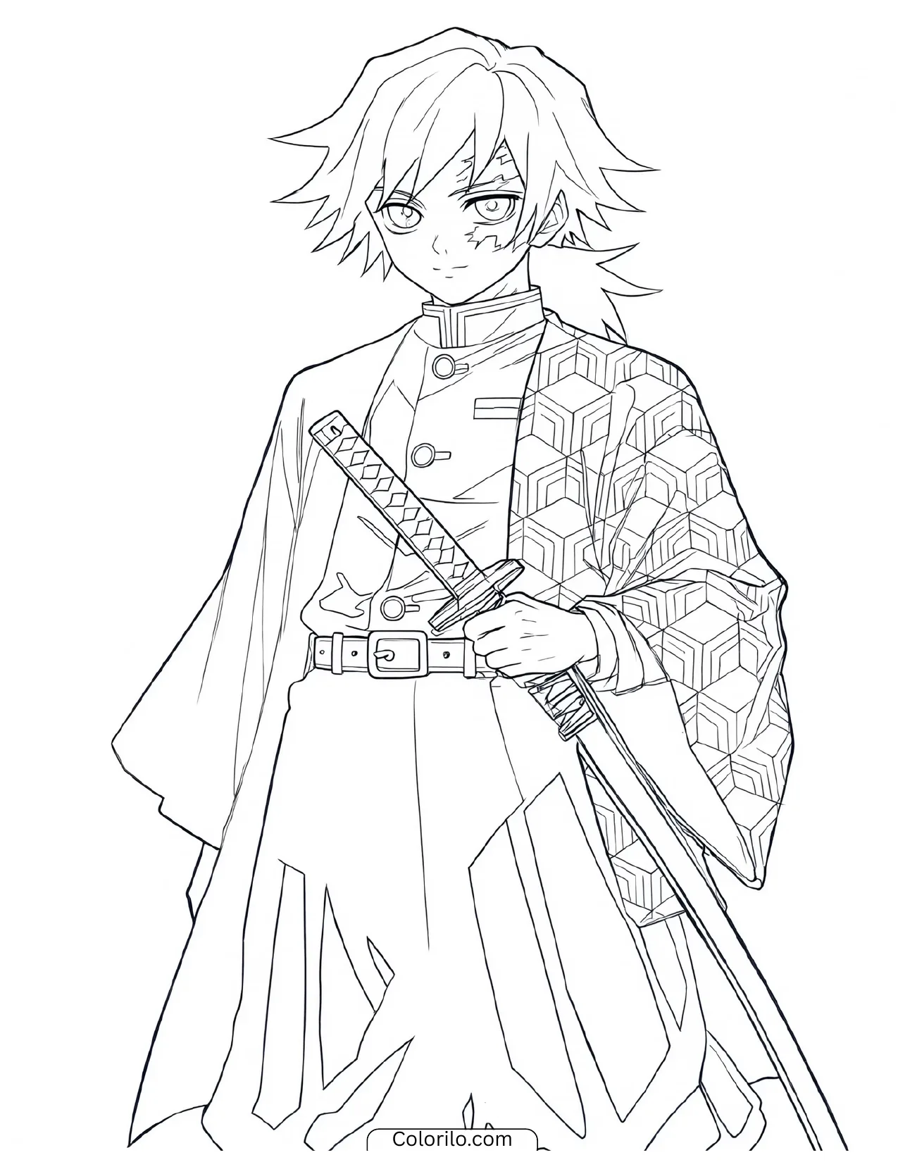 Giyu Tomioka standing stoically with his slayer mark coloring page