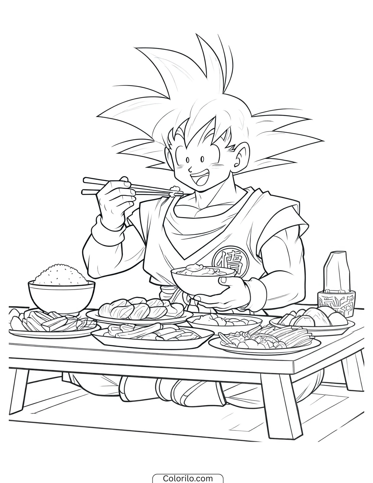 Goku eating his way through a huge feast coloring page