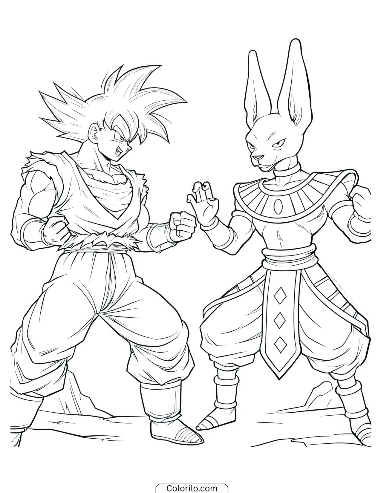 Goku in a fighting stance as Beerus smirks coloring page