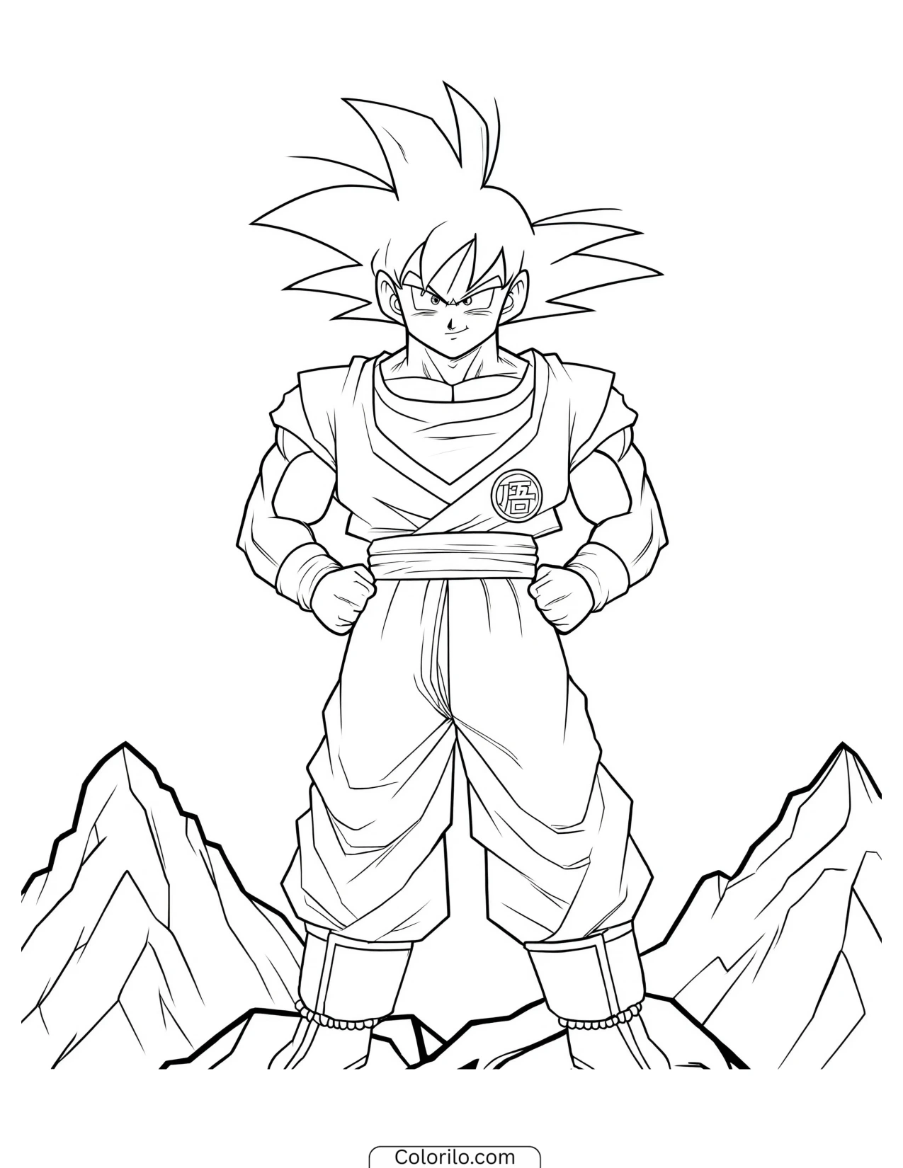 Goku standing with hands on his hips before the mountains coloring page