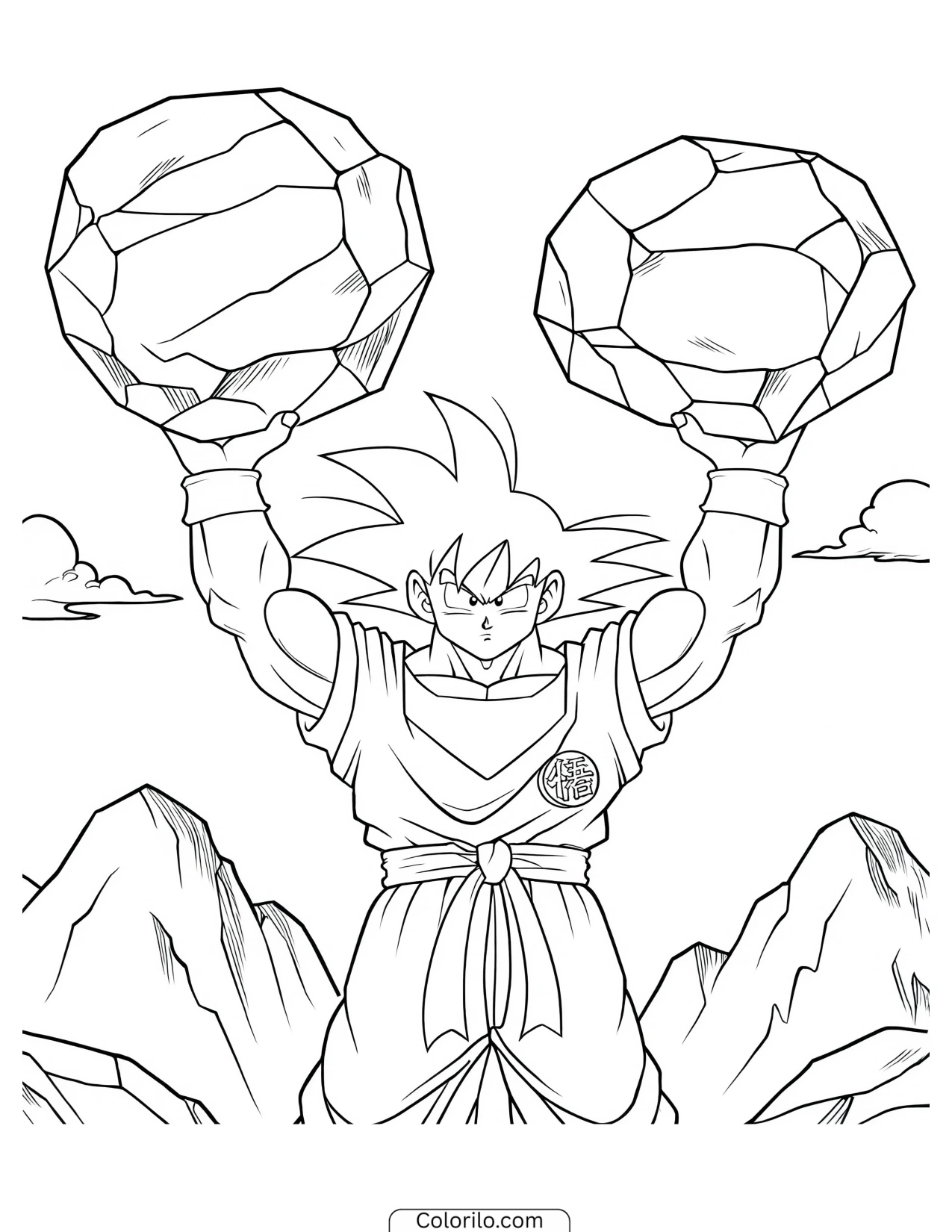 Goku lifting two boulders in training coloring page