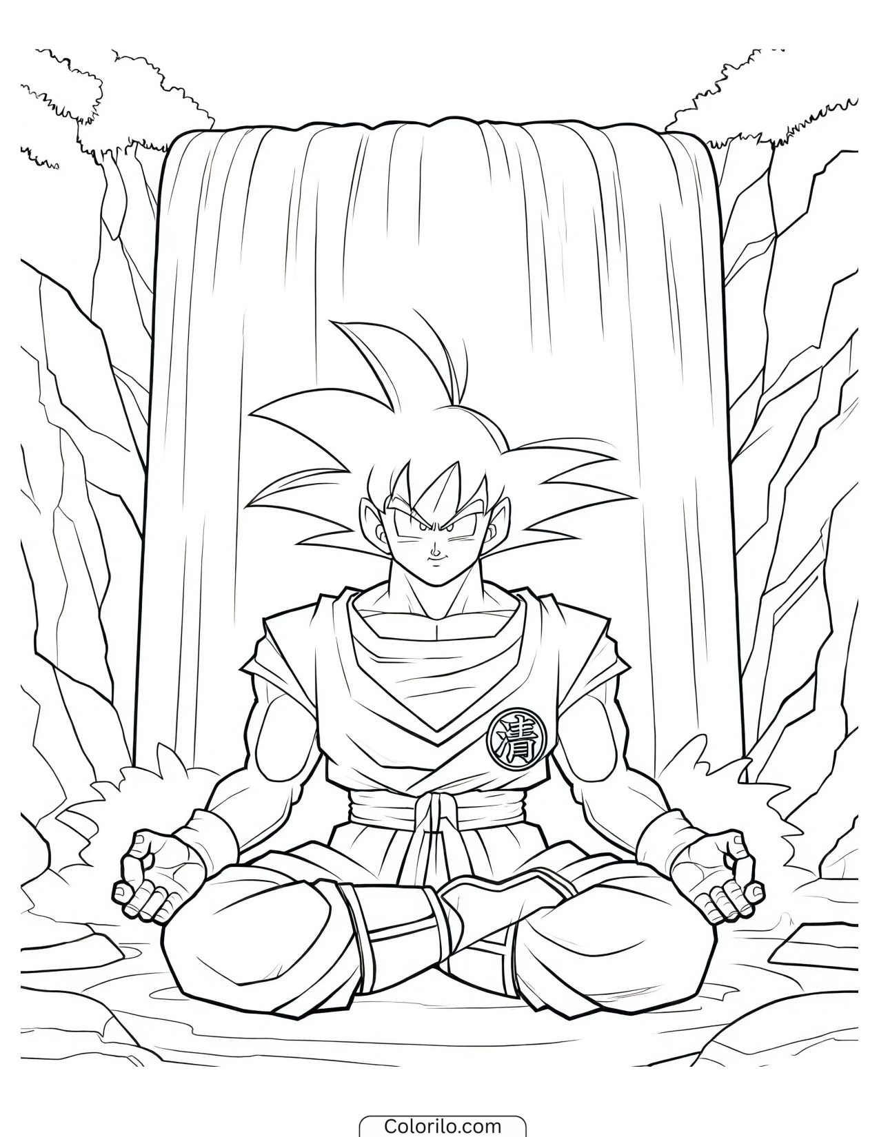 Goku meditating beside a waterfall coloring page