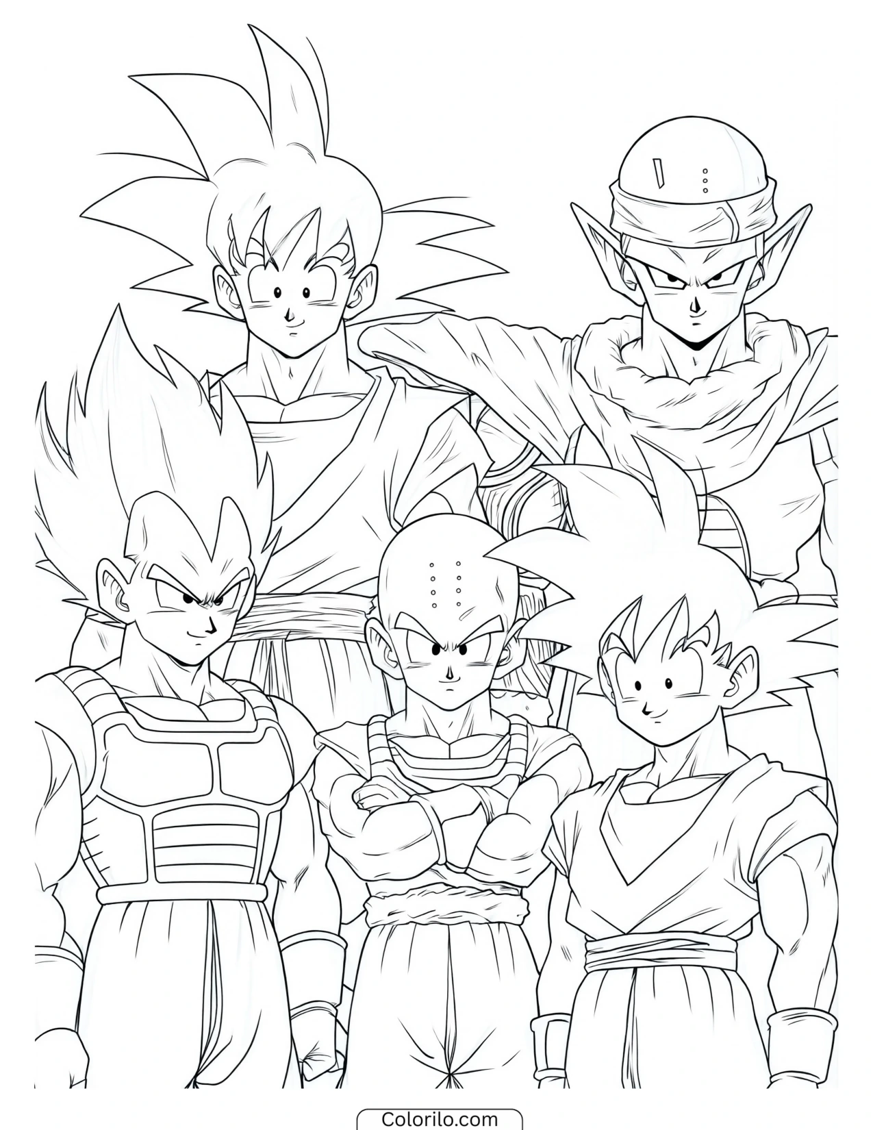 Goku, Piccolo, Vegeta, Krillin and Gohan together coloring page