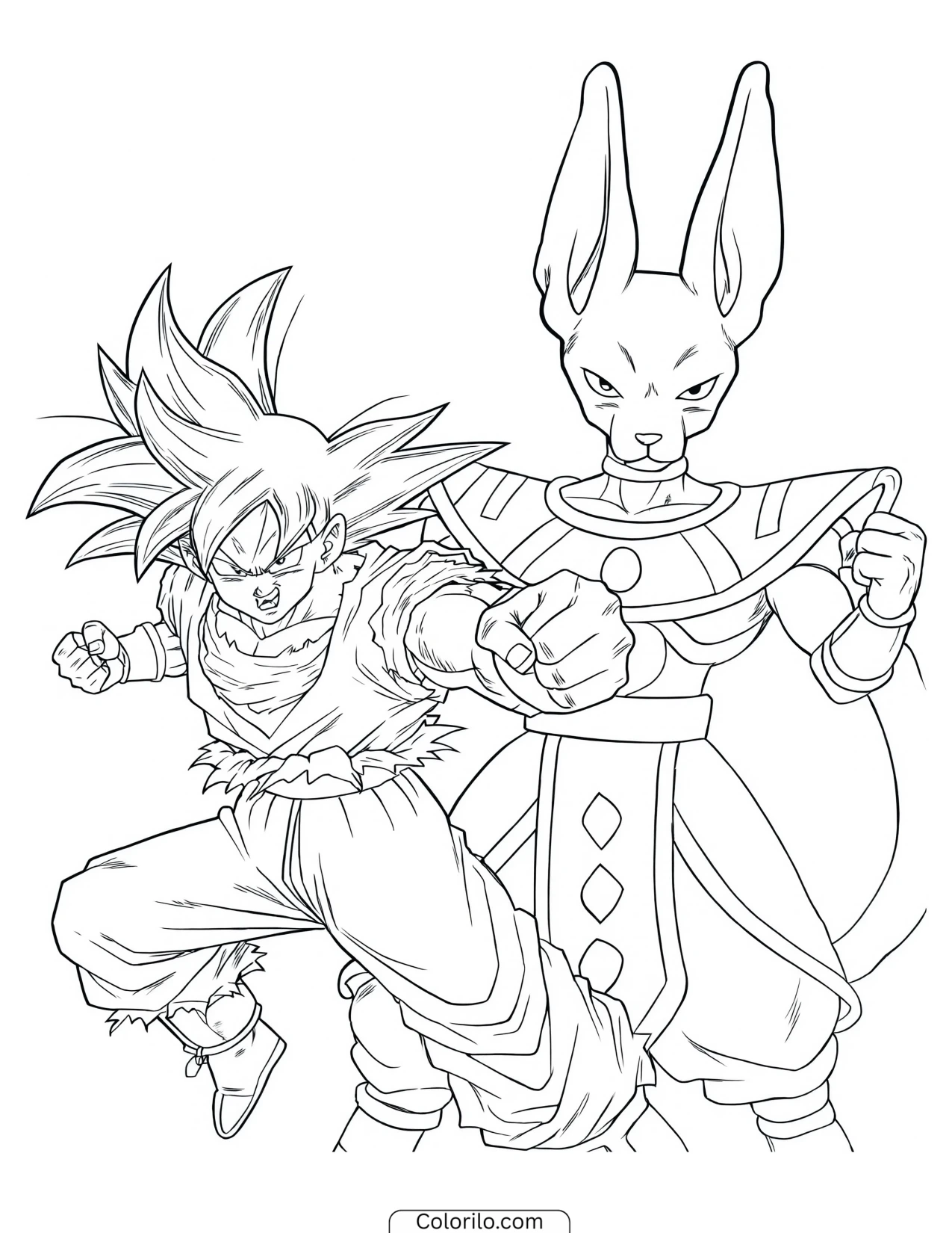 Goku throwing a punch toward Beerus coloring page