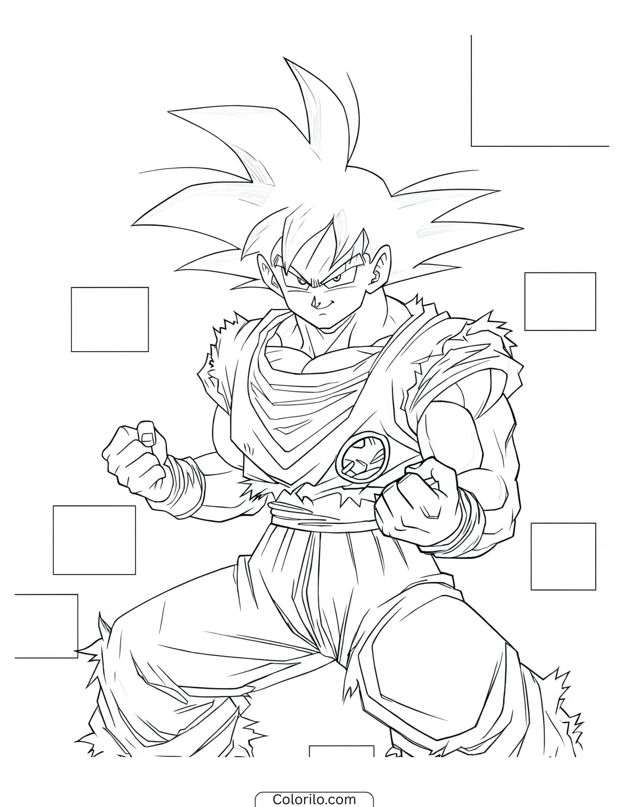 Goku ready for battle framed by manga panels coloring page