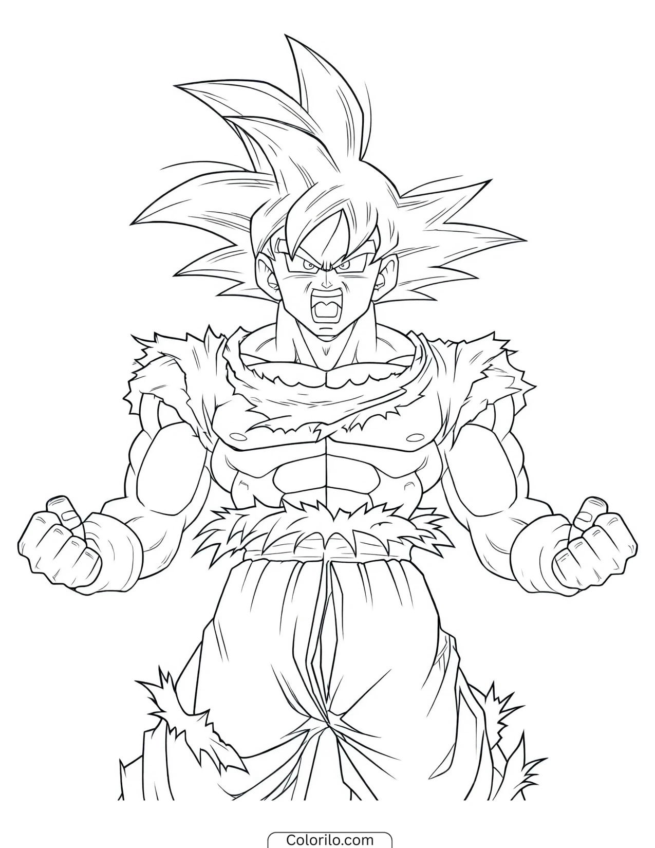 Goku shouting in a torn gi coloring page