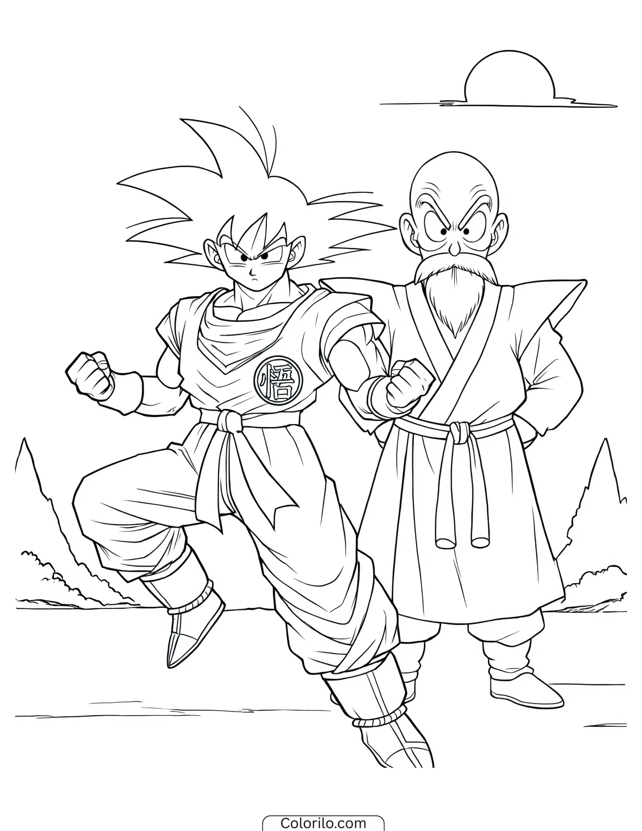 Goku training alongside Master Roshi coloring page