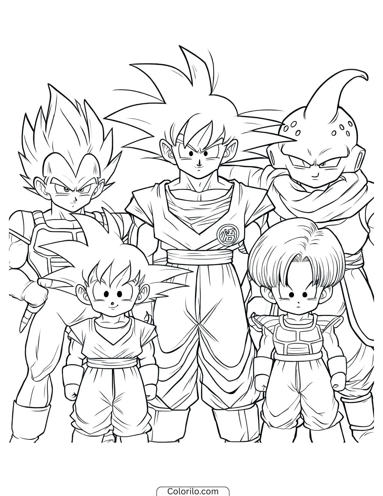 Goku and Vegeta with Buu and the kids coloring page
