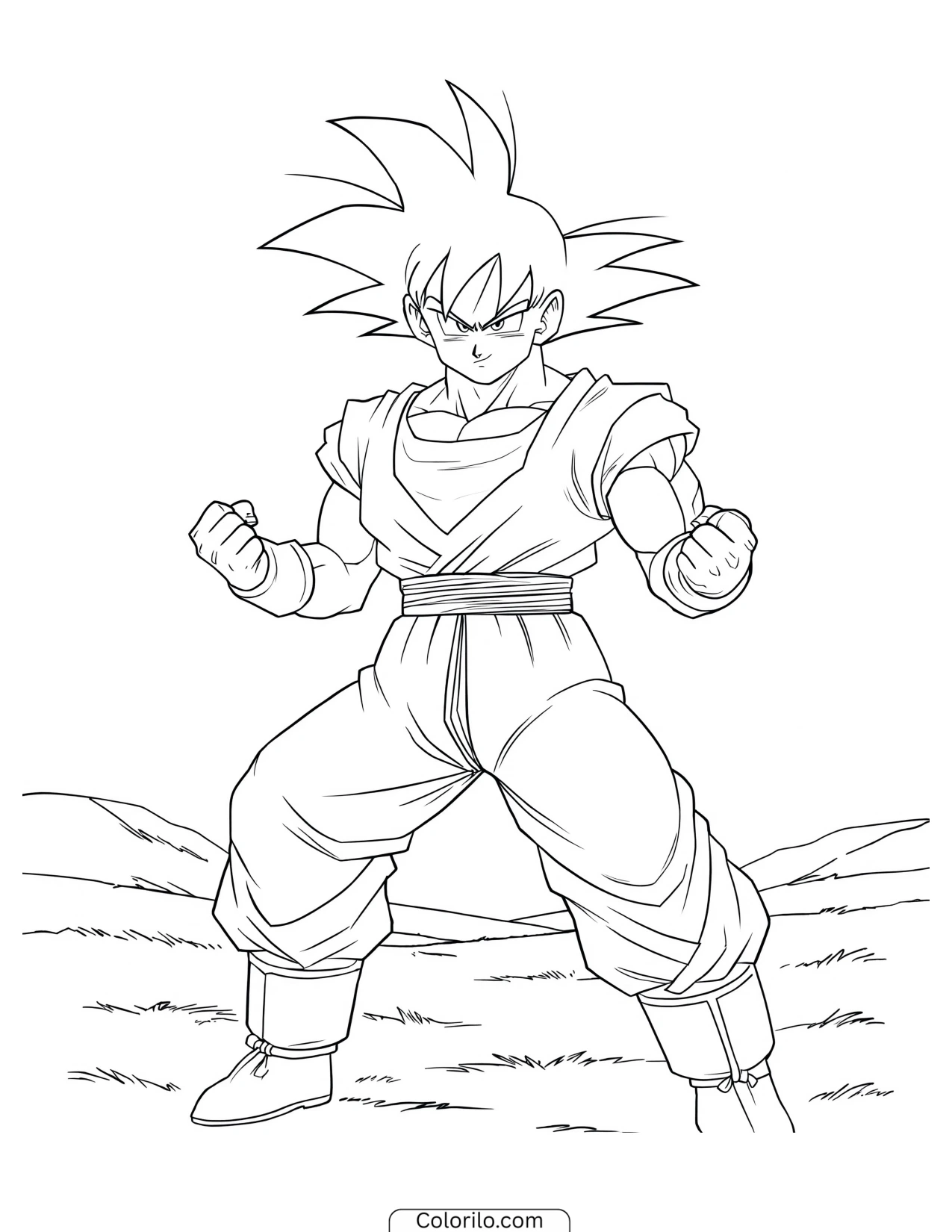 Goku in a wide stance across a rocky wasteland coloring page